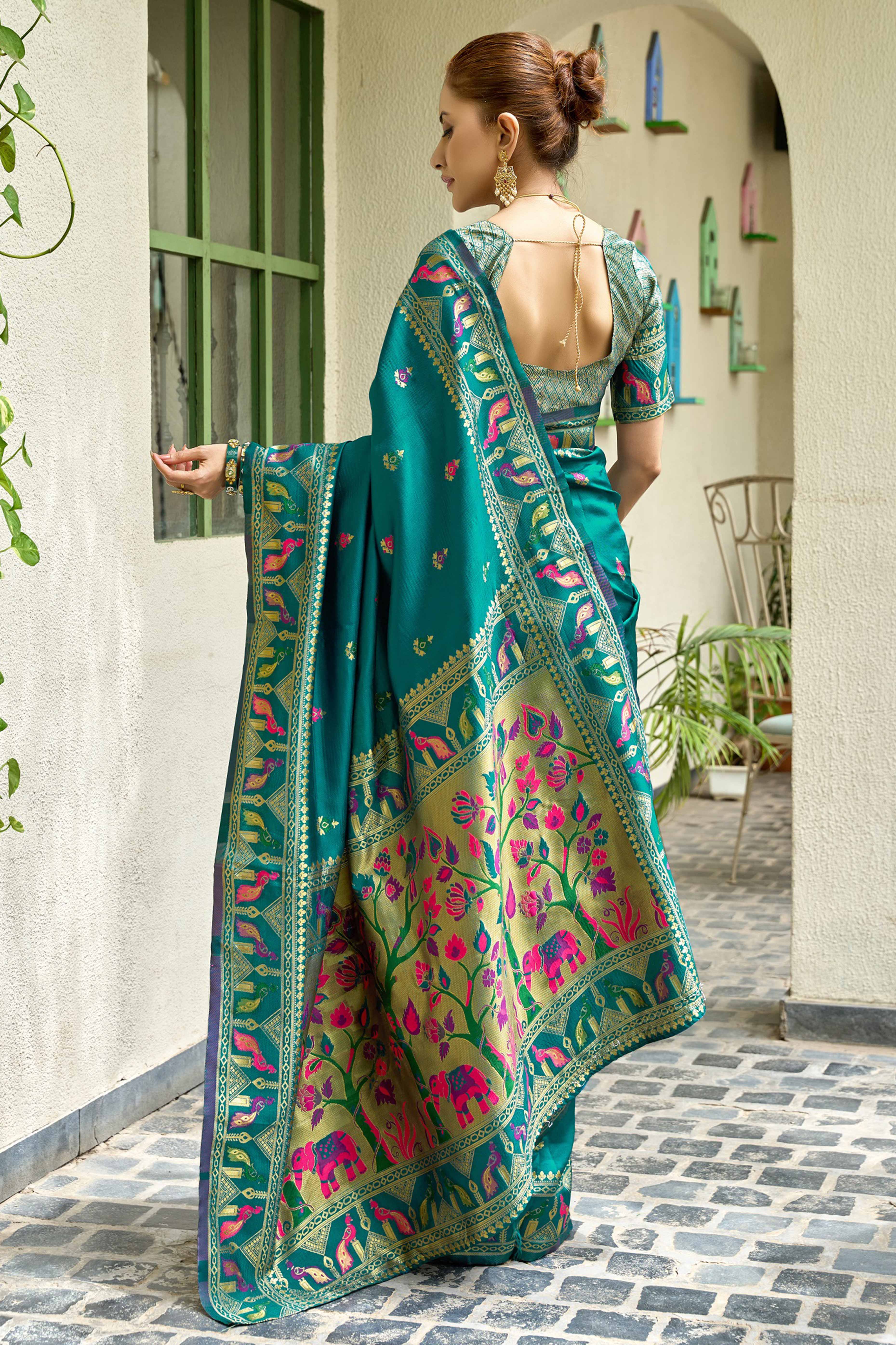 Rama Green Paithani Style Soft Silk Saree with Zari Weaving