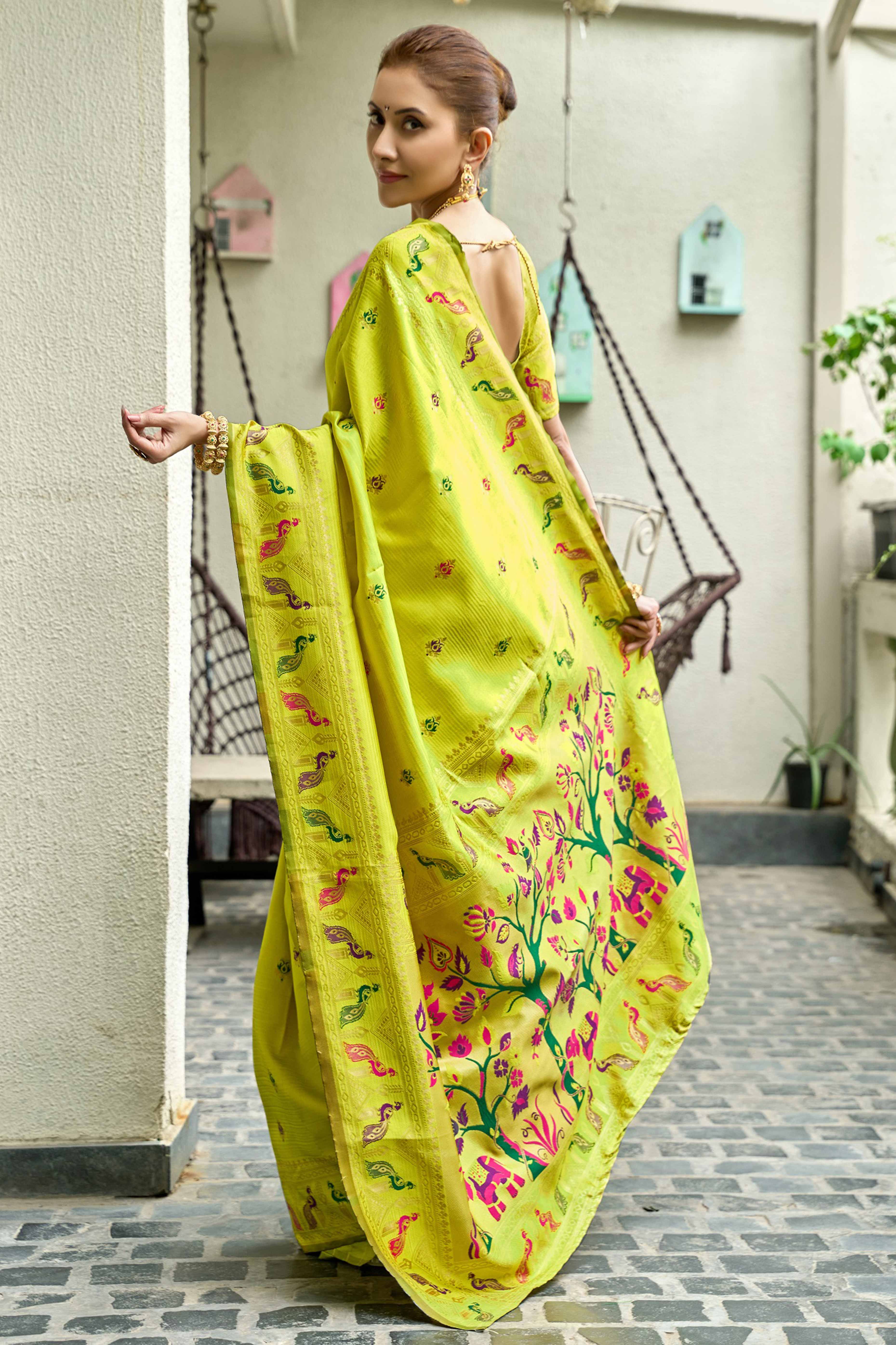 Parrot Green Paithani Style Soft Silk Saree with Zari Weaving