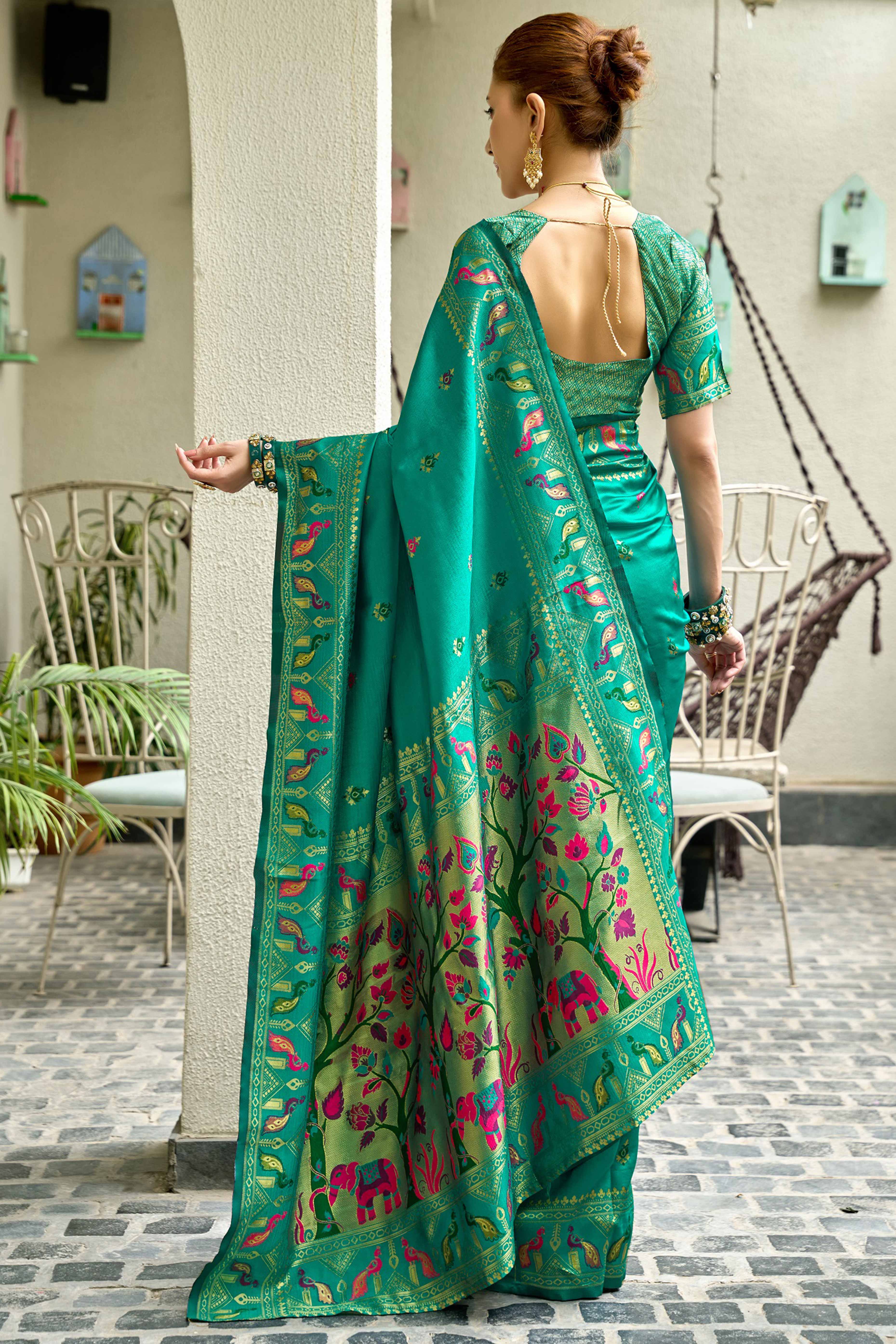 Peacock Green Paithani Style Soft Silk Saree with Zari Weaving