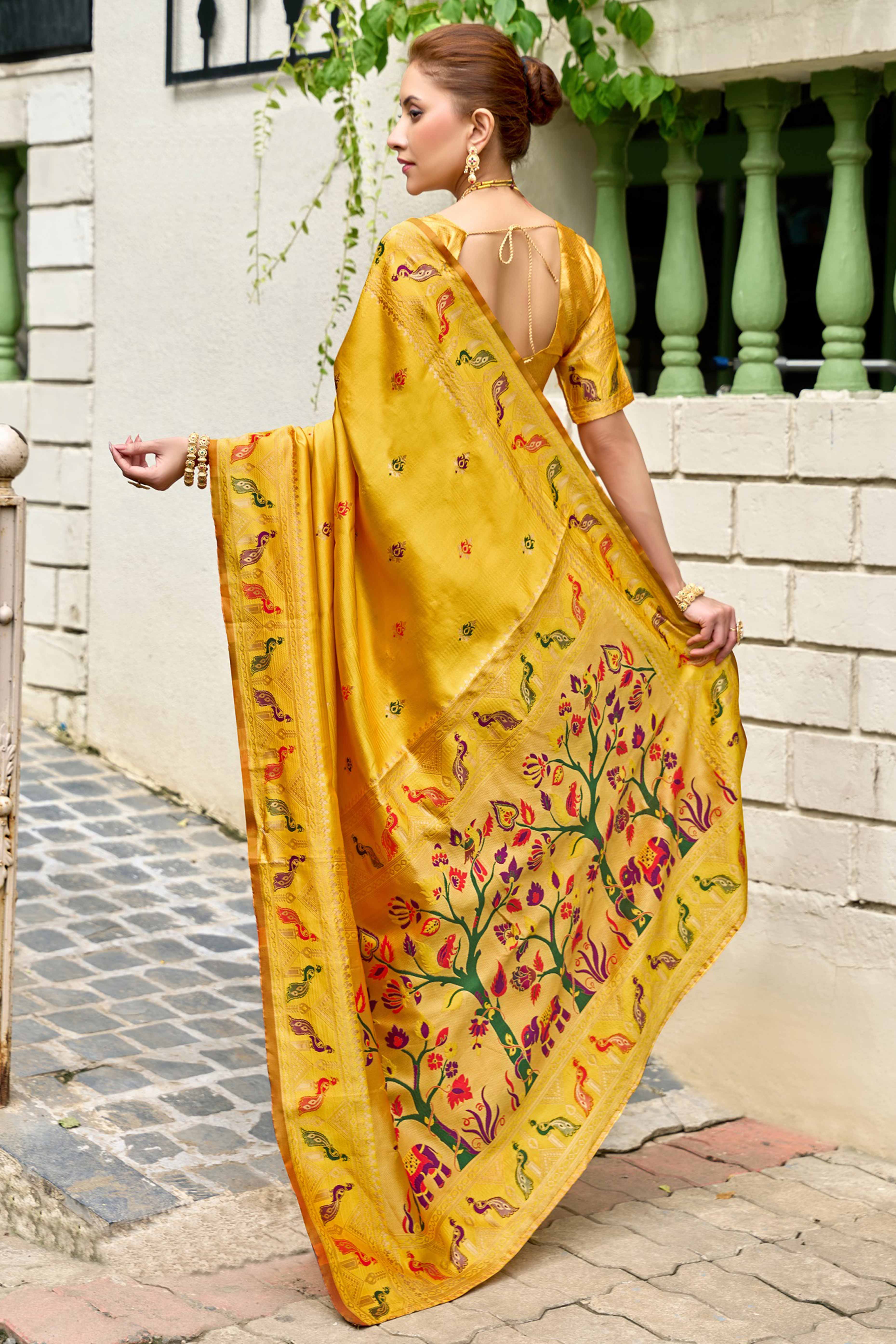 Mustard Paithani Style Soft Silk Saree with Zari Weaving