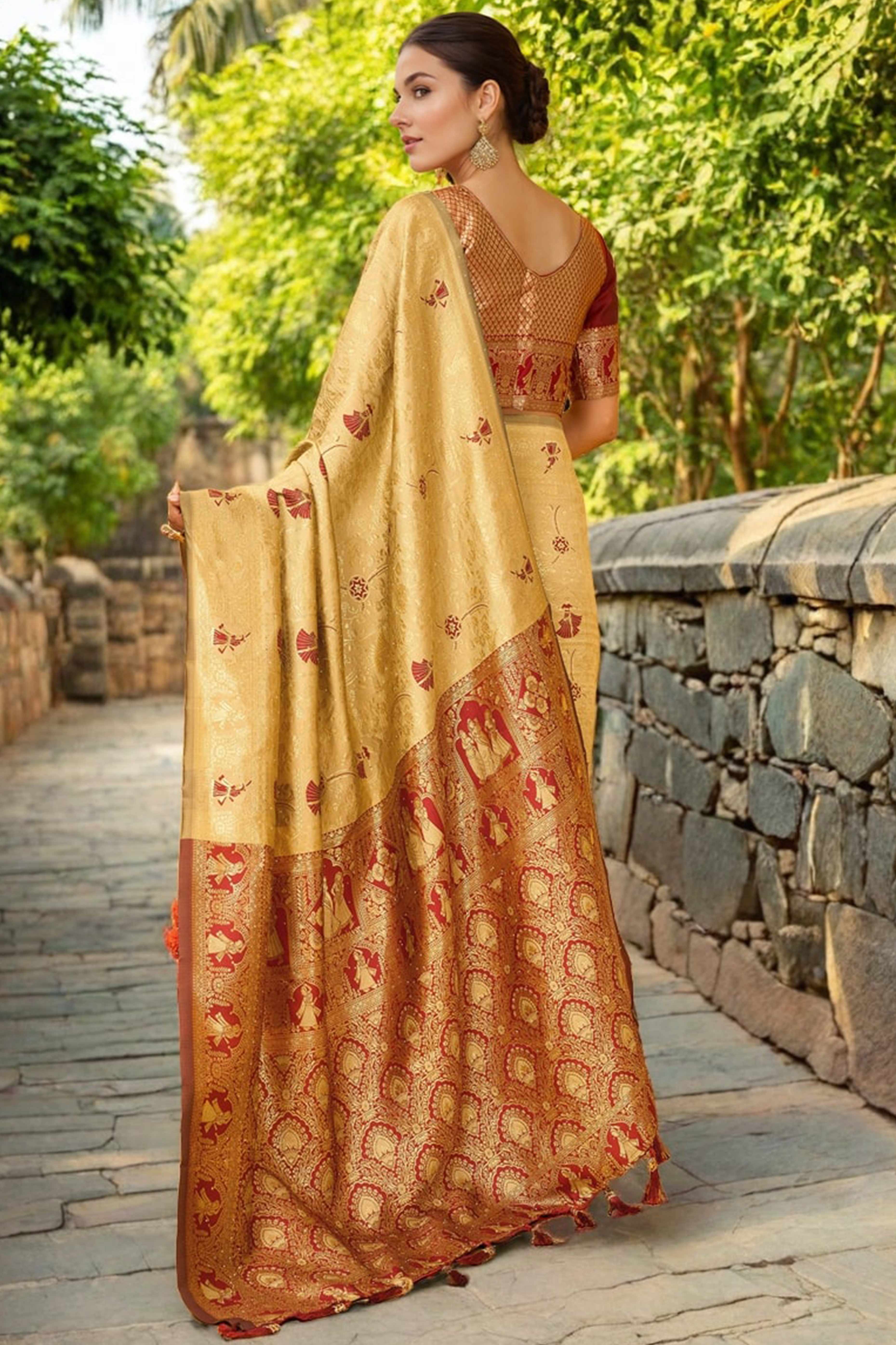 Chikoo Paithani Saree In Silk Blend Highlighted With Floral Weaving & Tasselled Edge