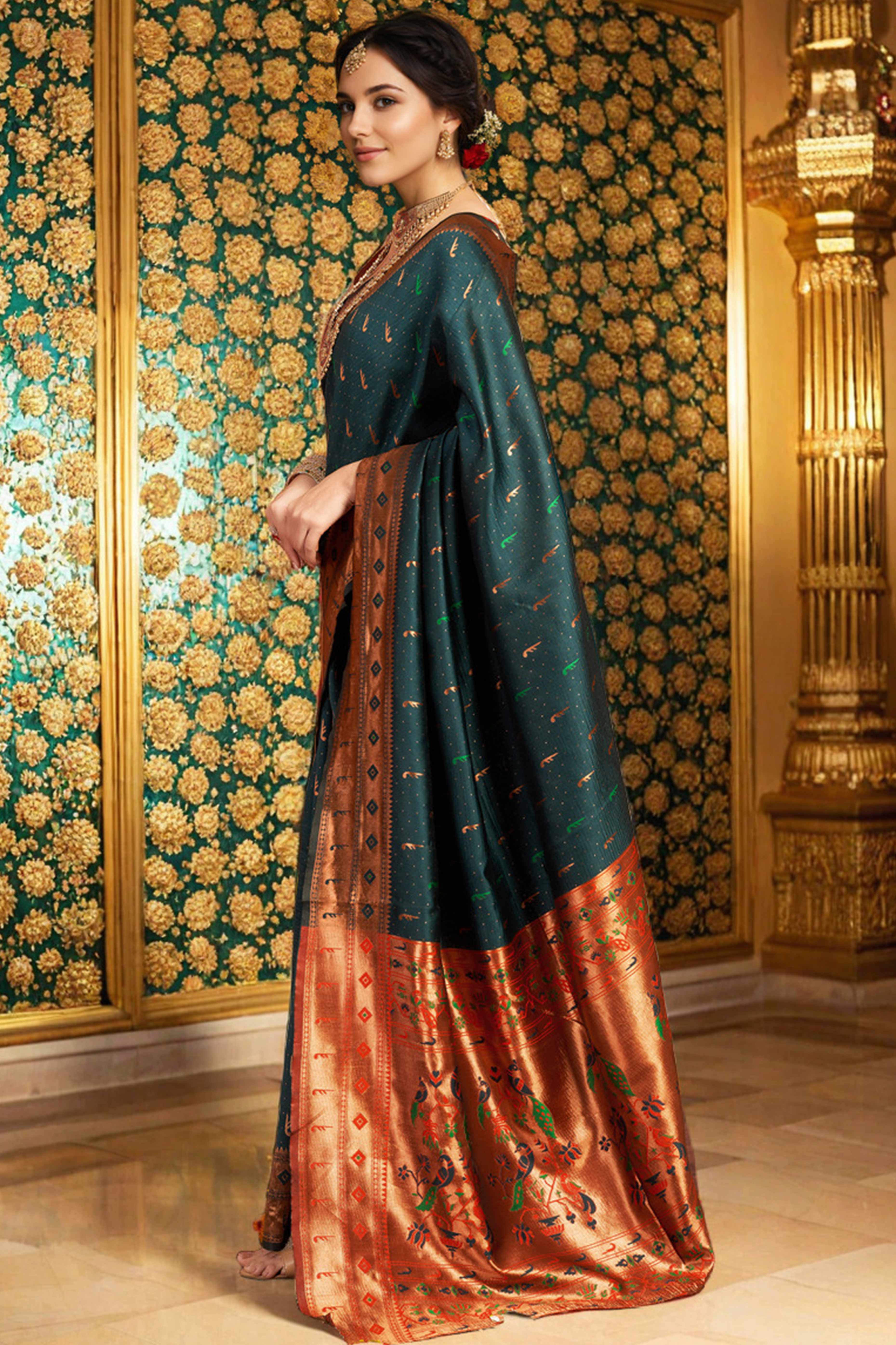 Deep Teal Silk Blend Paithani Saree Adorned With Zari Weaving & Peacock Motif Pallu