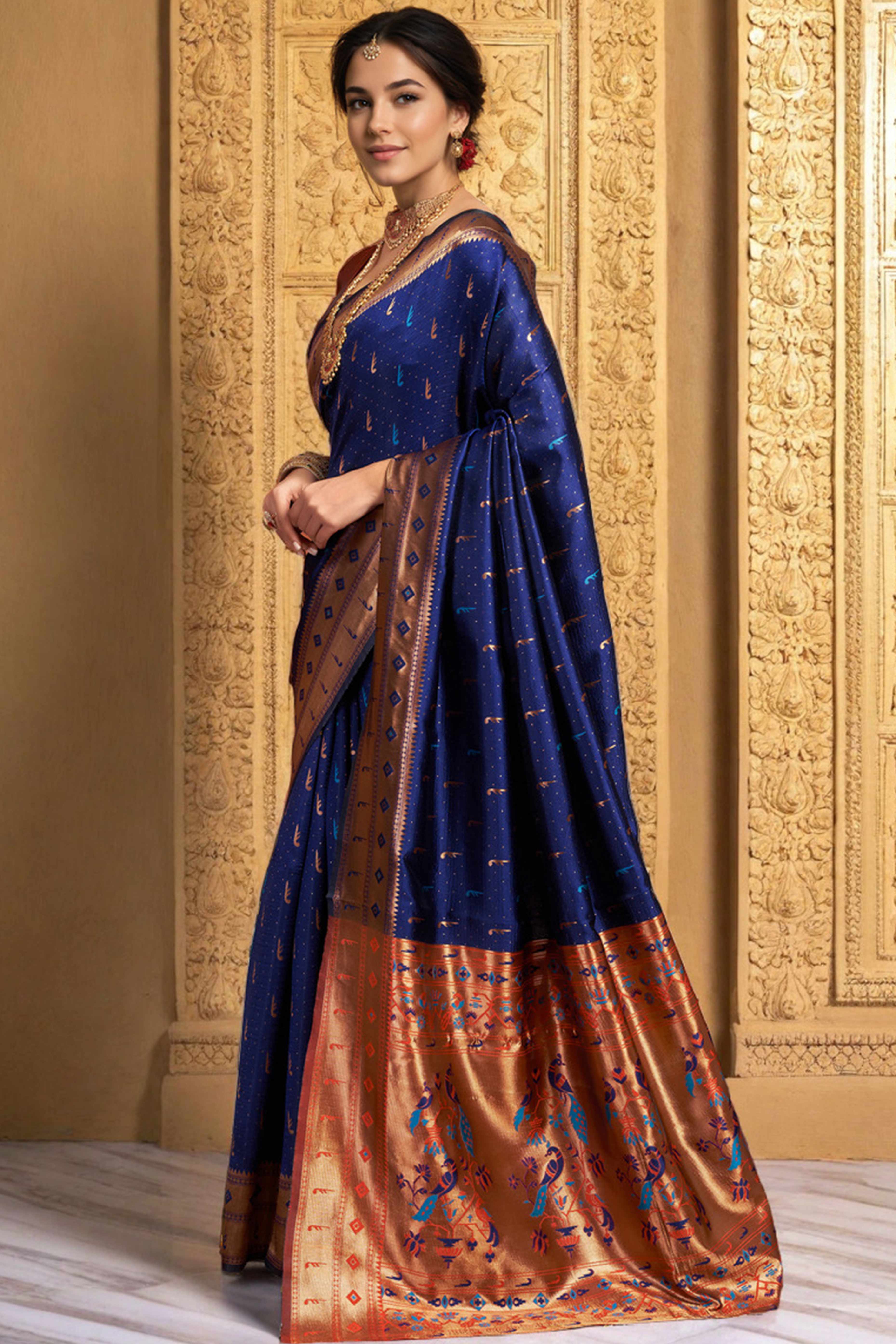 Navy Blue Silk Blend Paithani Saree Adorned With Zari Weaving & Peacock Motif Pallu
