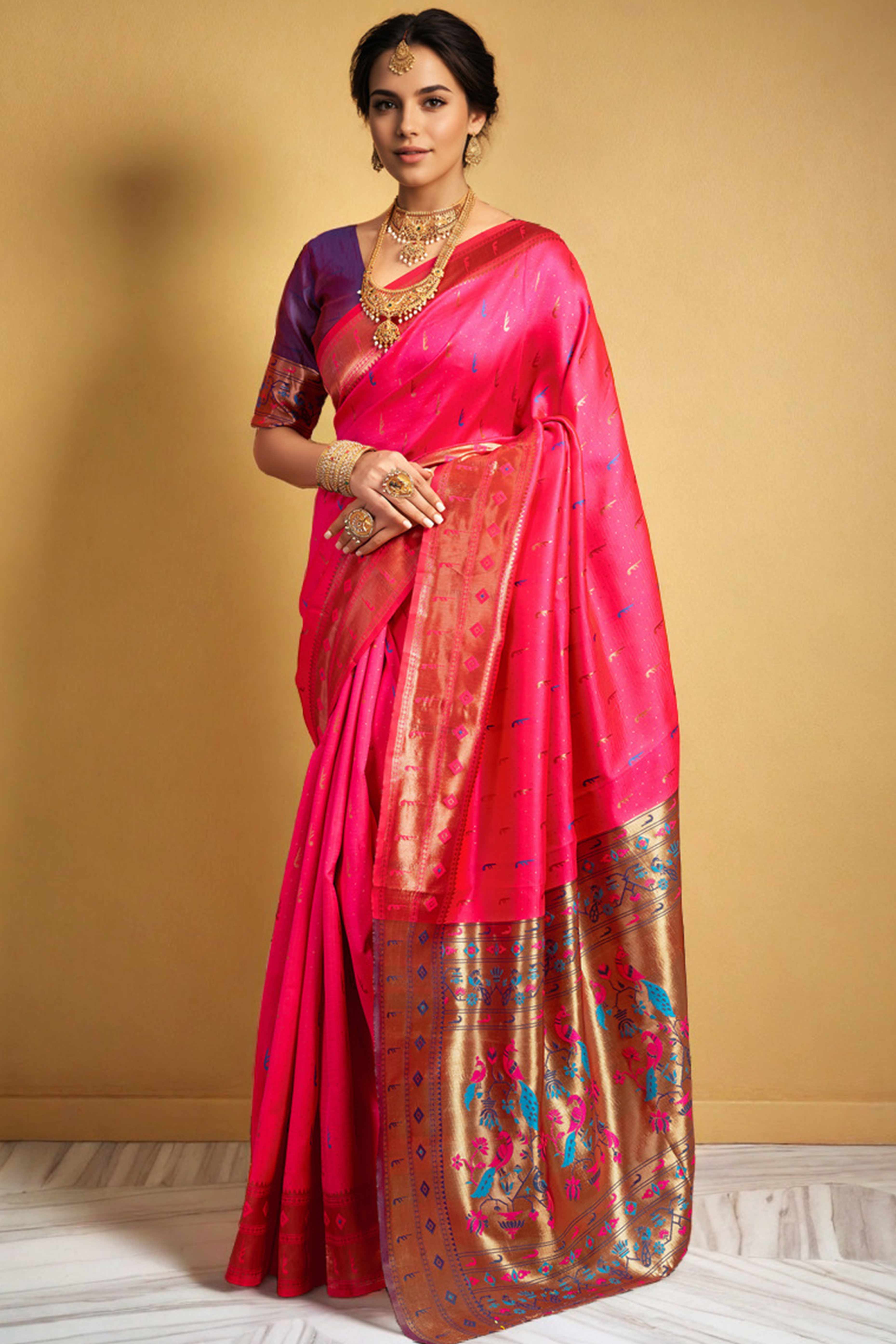 Pink Silk Blend Paithani Saree Adorned With Zari Weaving & Peacock Motif Pallu
