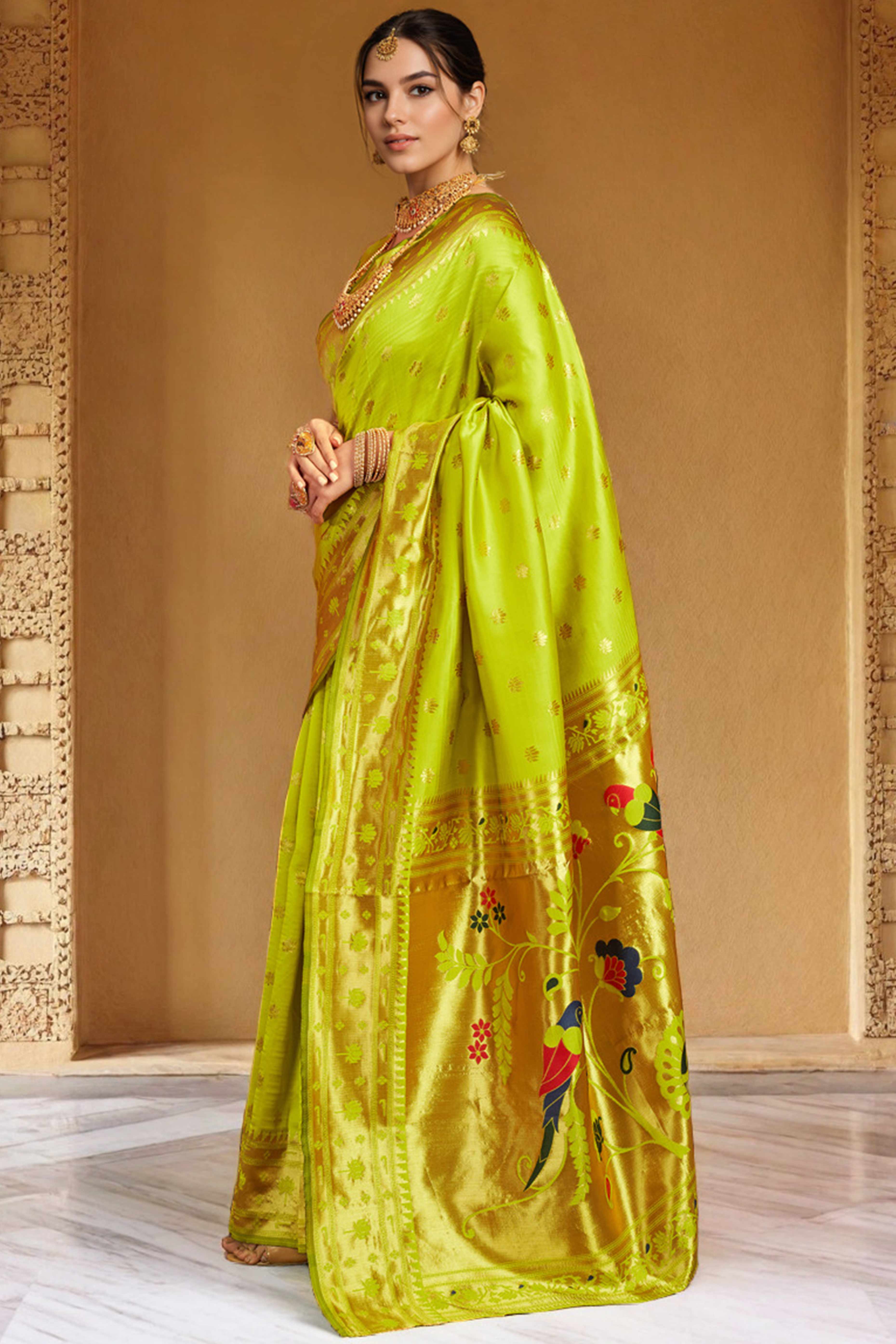 Lime Green Weaving Silk Blend Paithani Saree With Floral & Parrot Motif Pallu