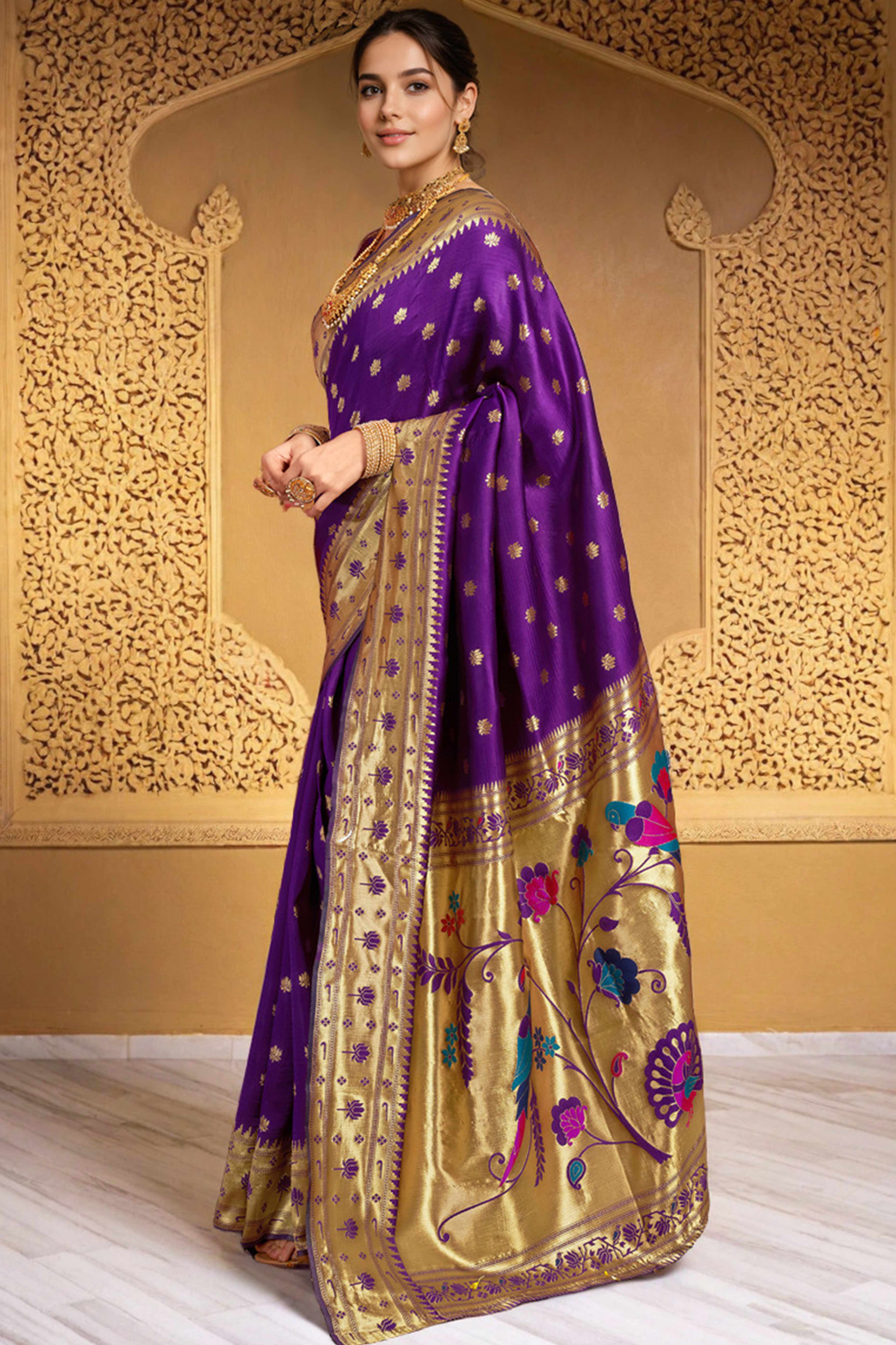 Purple Weaving Silk Blend Paithani Saree With Floral & Parrot Motif Pallu
