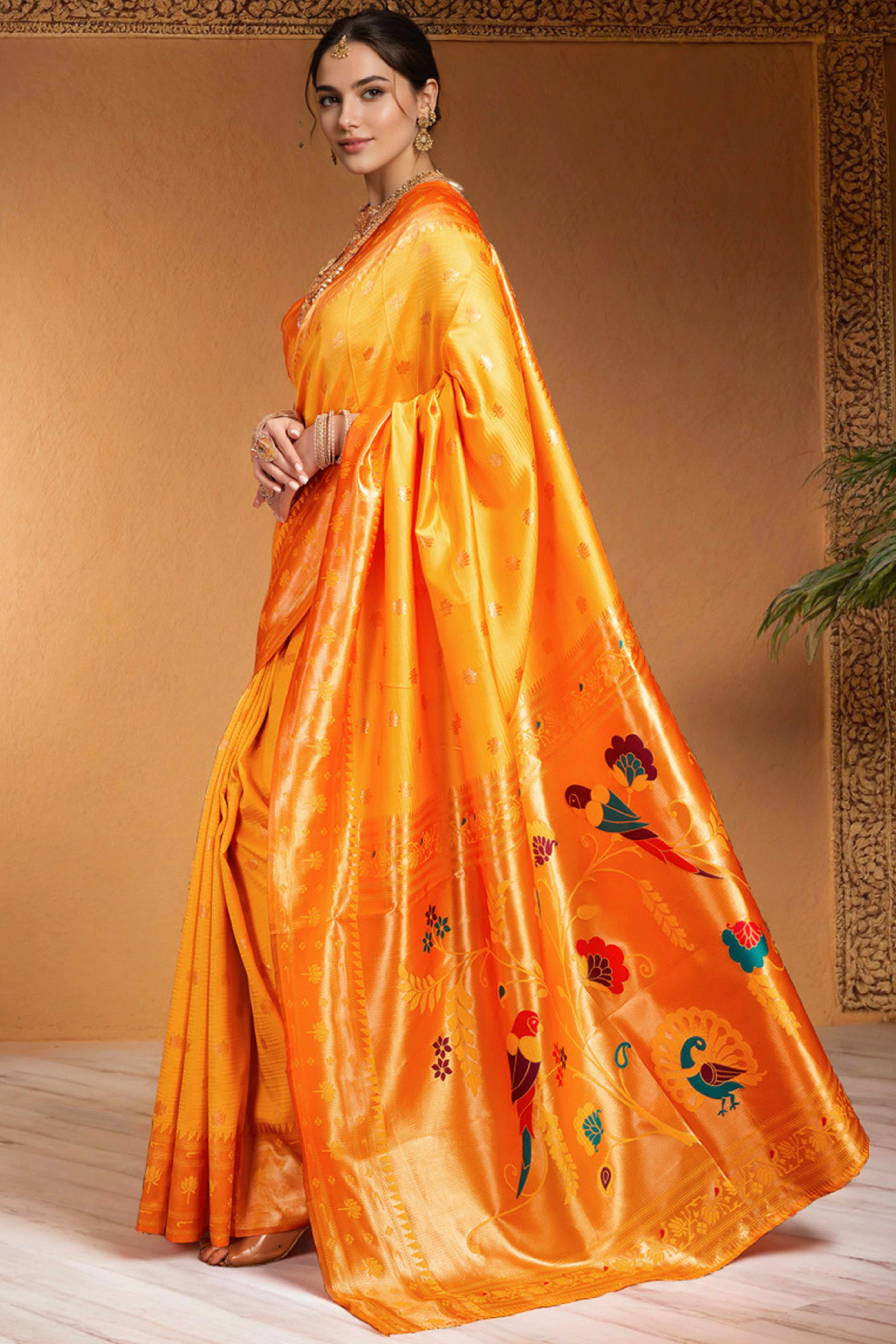 Orange Weaving Silk Blend Paithani Saree With Floral & Parrot Motif Pallu