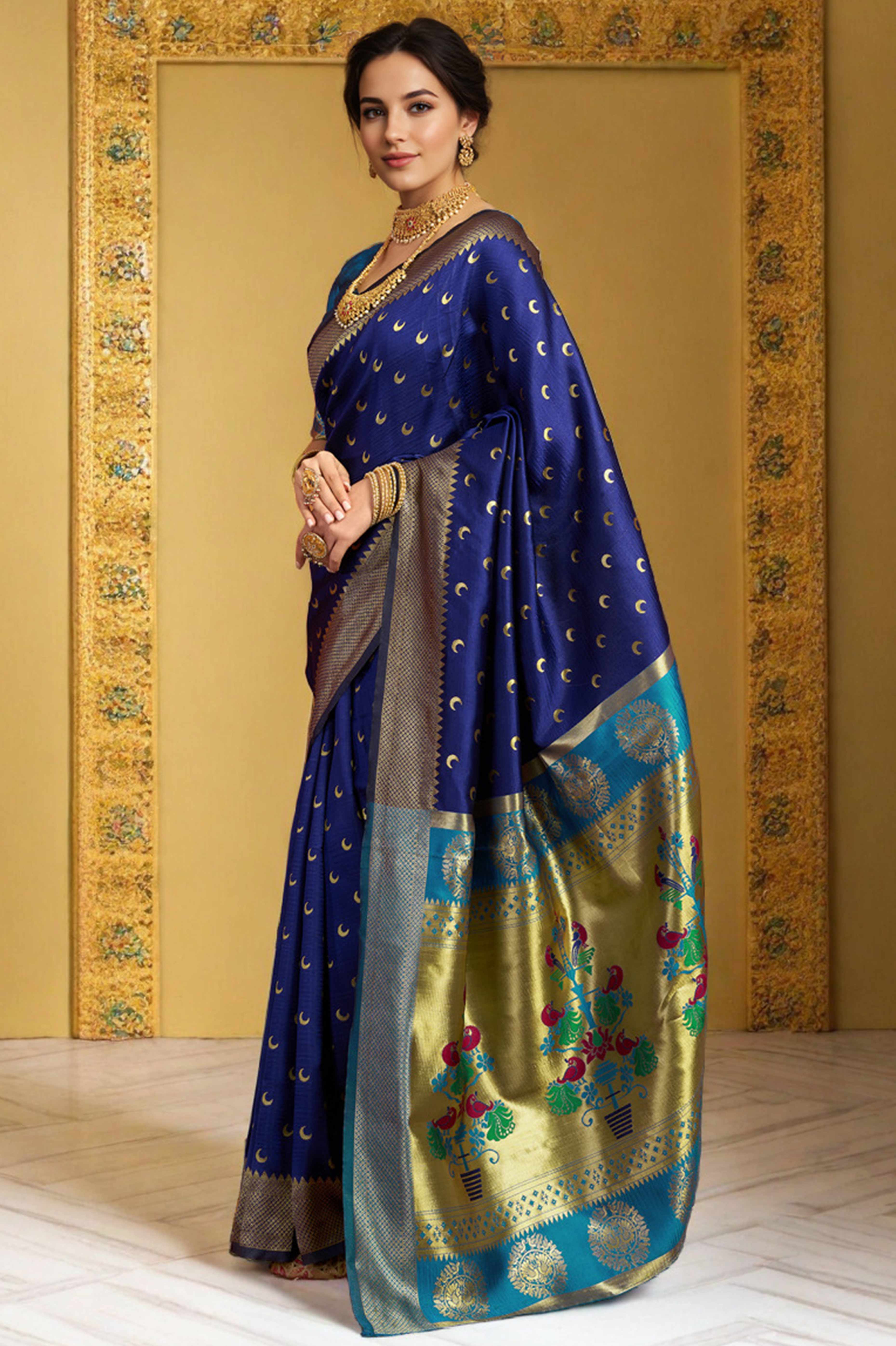 Navy Blue Chandrakor Paithani Silk Blend Saree With Intricate Zari Weaving