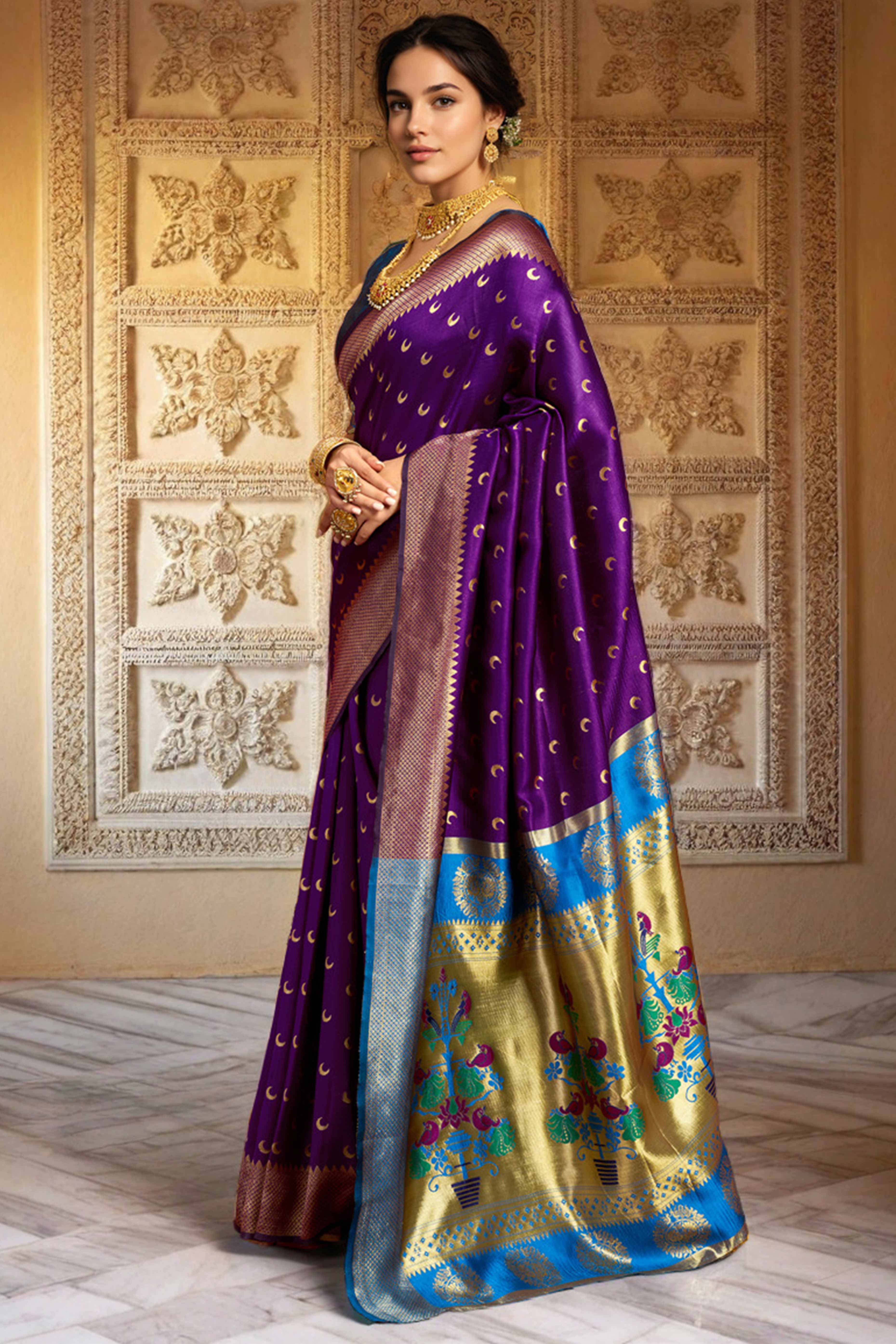 Purple Chandrakor Paithani Silk Blend Saree With Intricate Zari Weaving