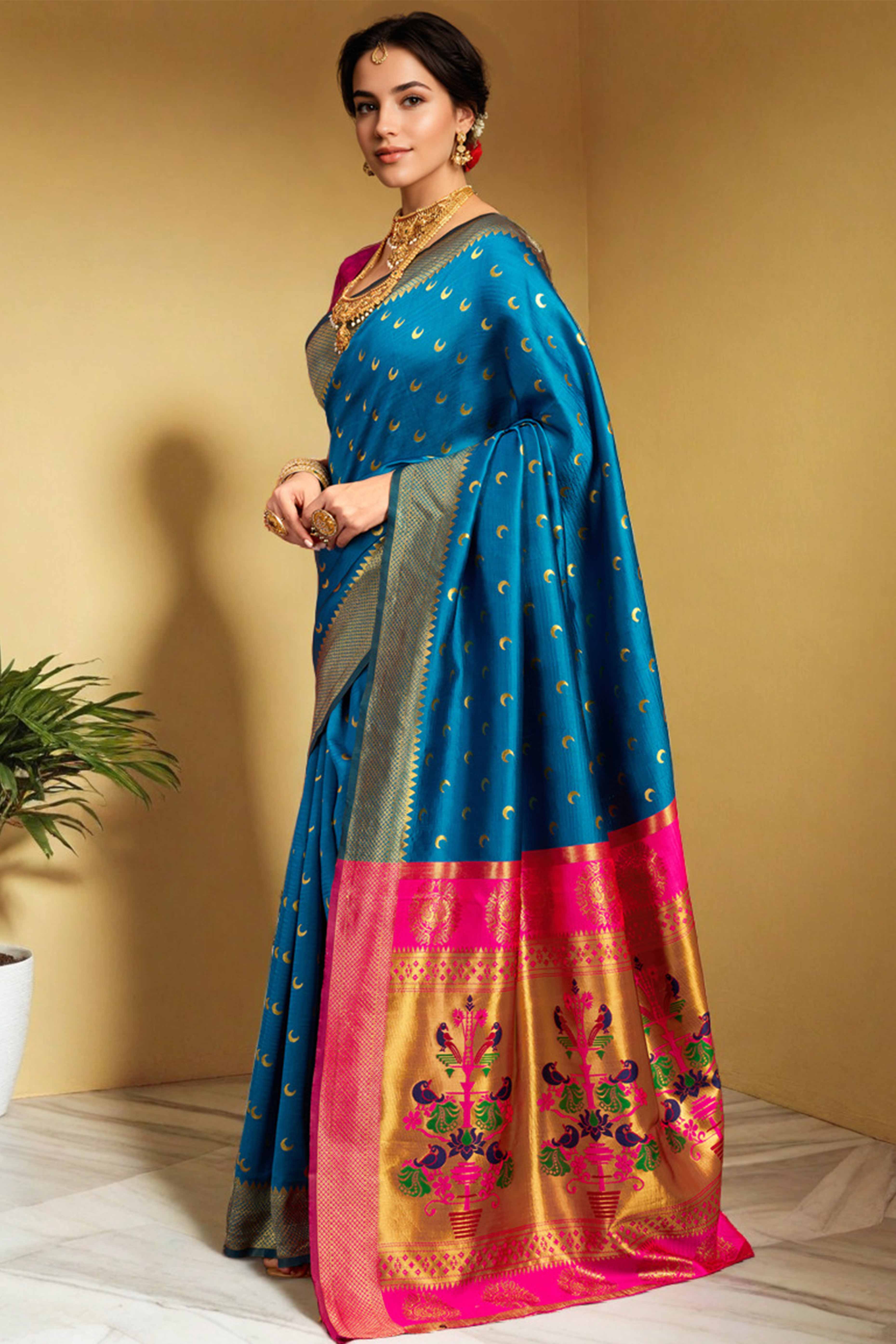 Blue Chandrakor Paithani Silk Blend Saree With Intricate Zari Weaving
