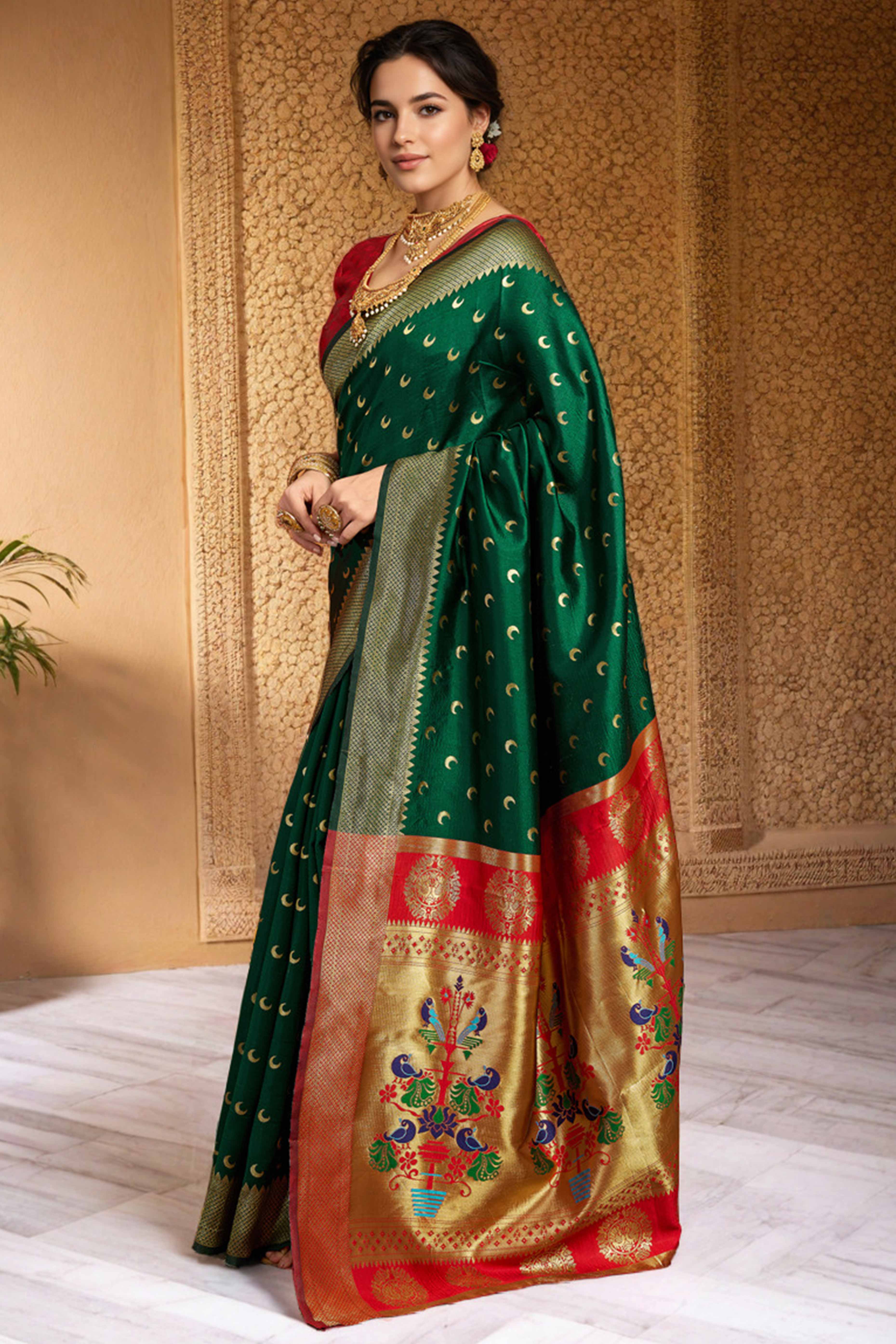 Green Chandrakor Paithani Silk Blend Saree With Intricate Zari Weaving