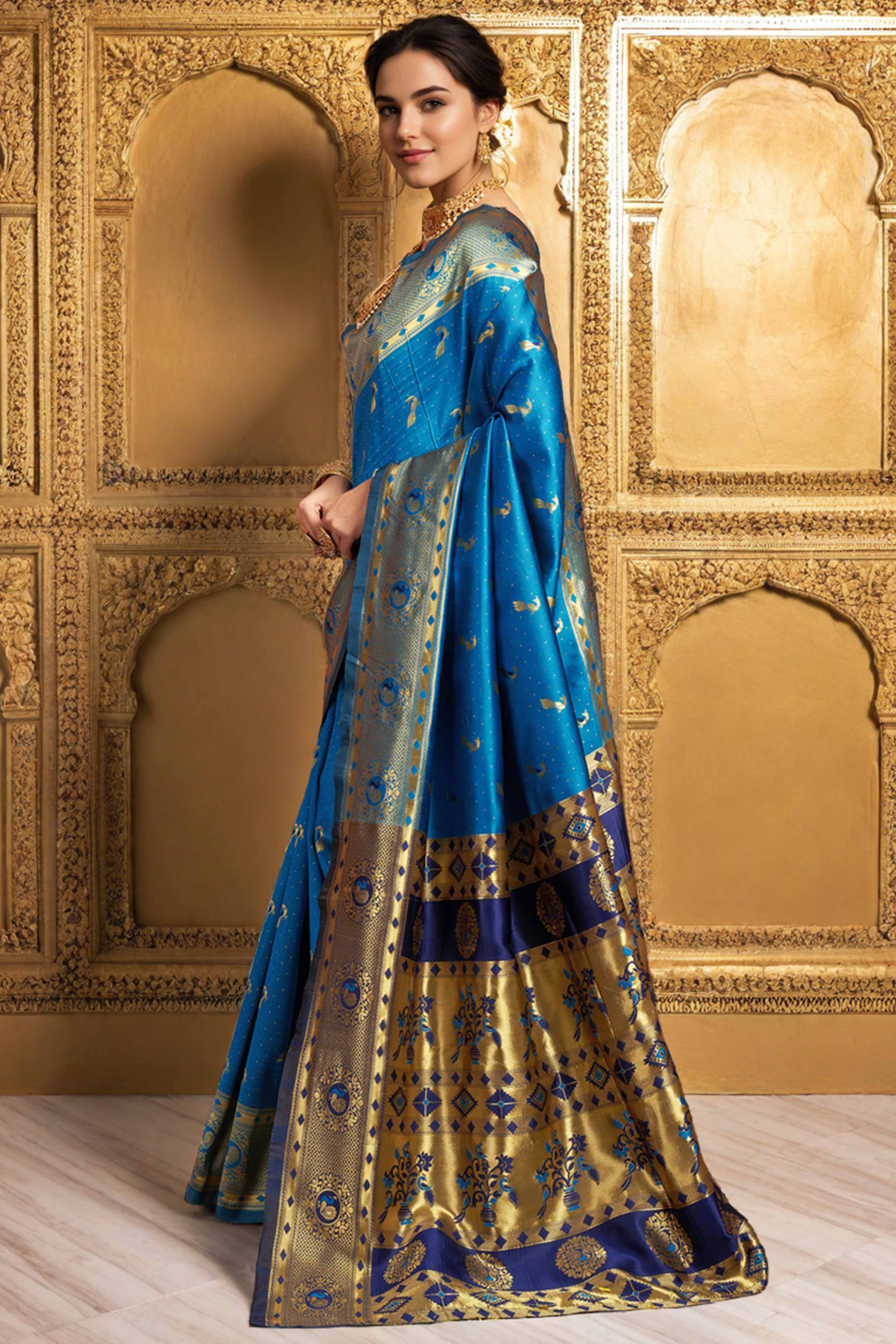 Blue Paithani Silk Blend Saree Featuring Intricate Zari Peacock & Floral Weaving
