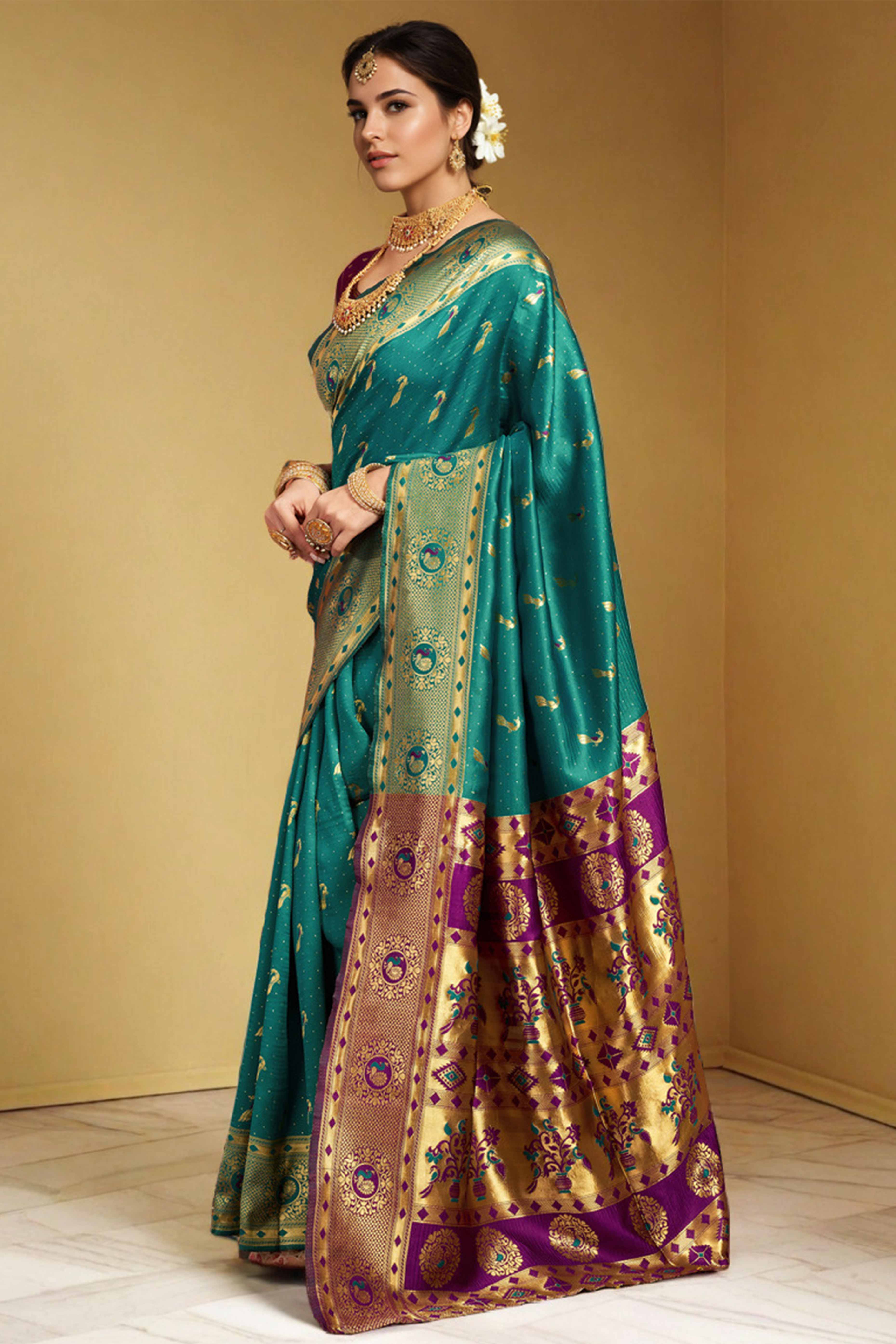 Rama Green Paithani Silk Blend Saree Featuring Intricate Zari Peacock & Floral Weaving