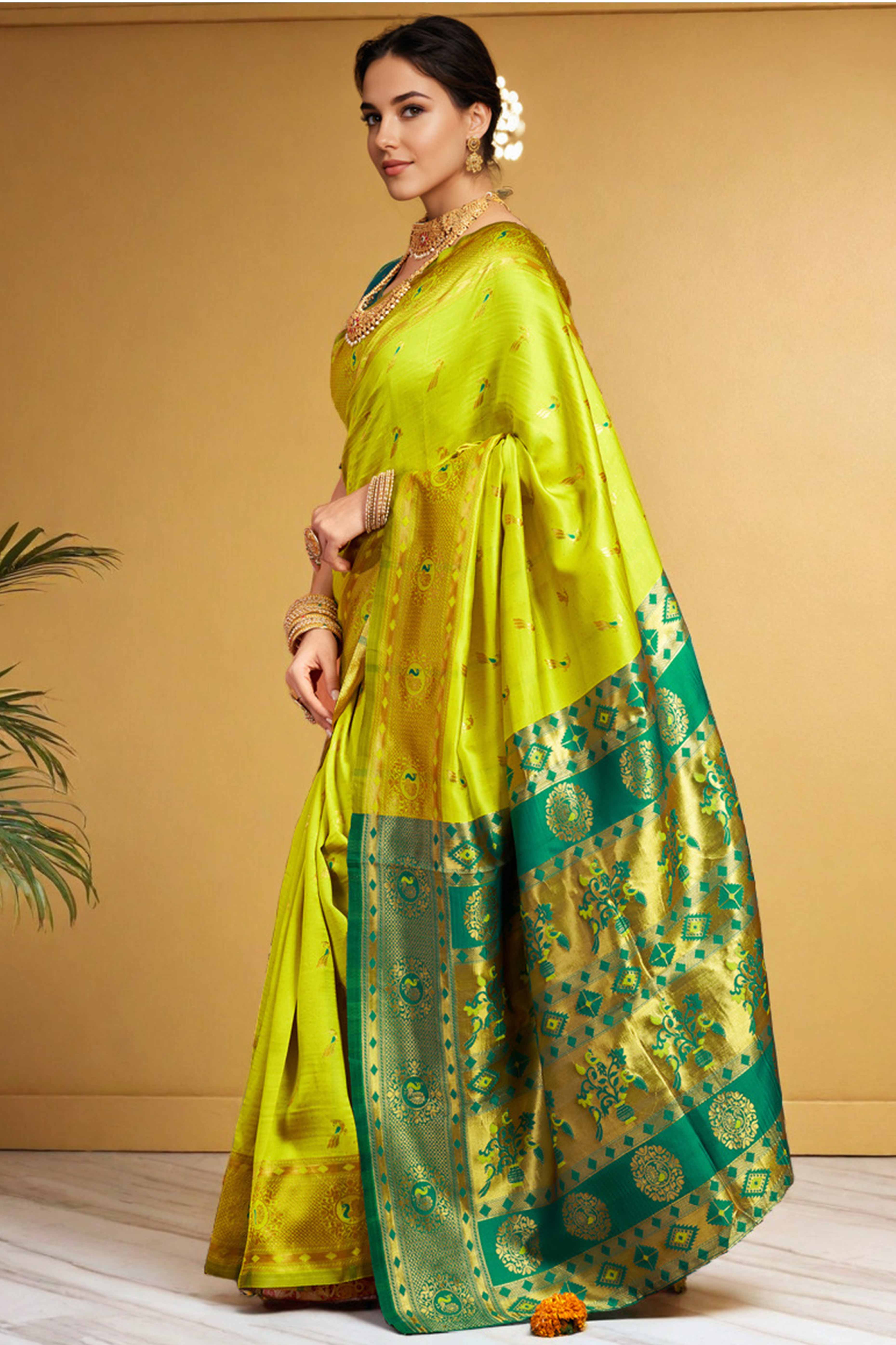 Lime Green Paithani Silk Blend Saree Featuring Intricate Zari Peacock & Floral Weaving