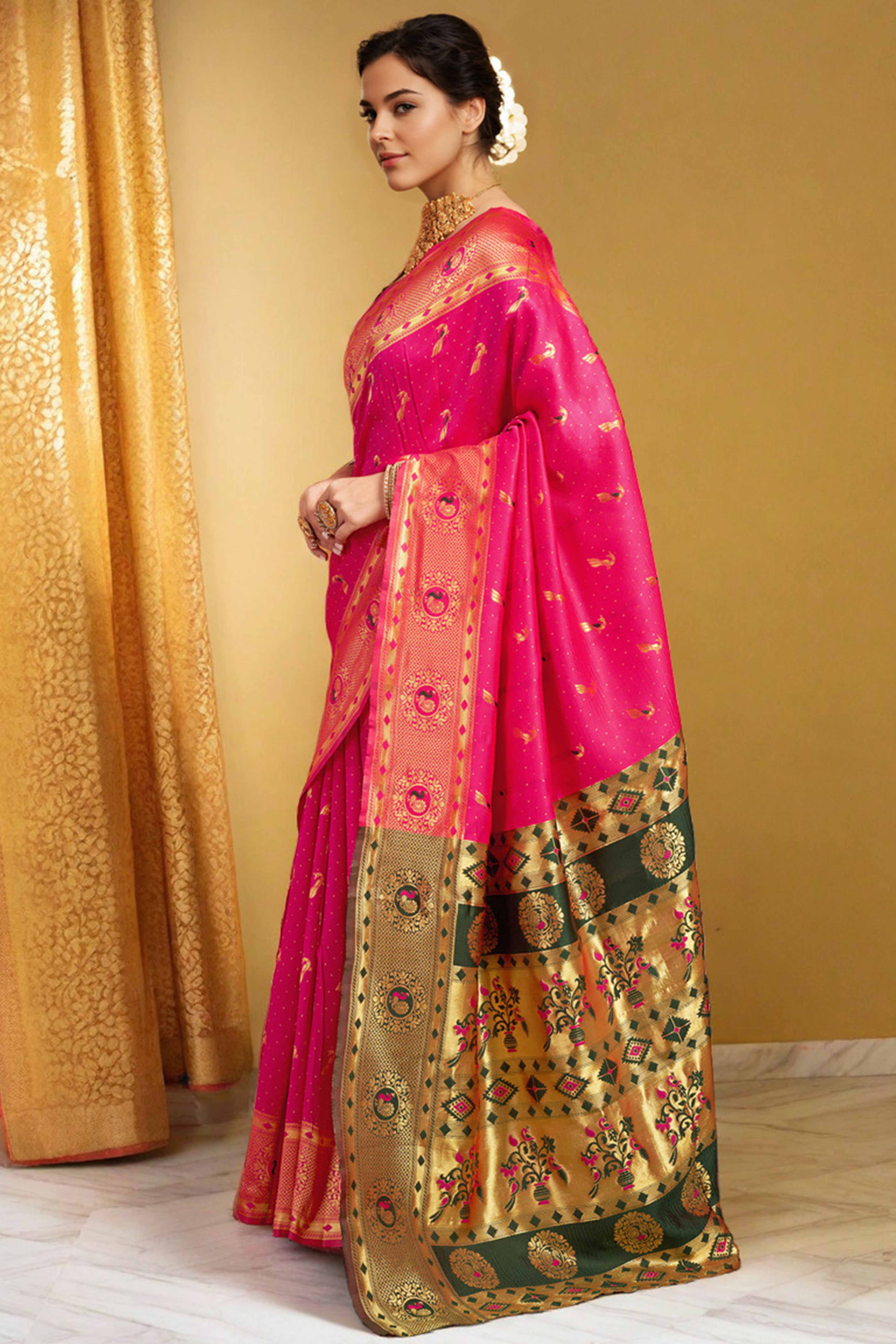 Pink Paithani Silk Blend Saree Featuring Intricate Zari Peacock & Floral Weaving