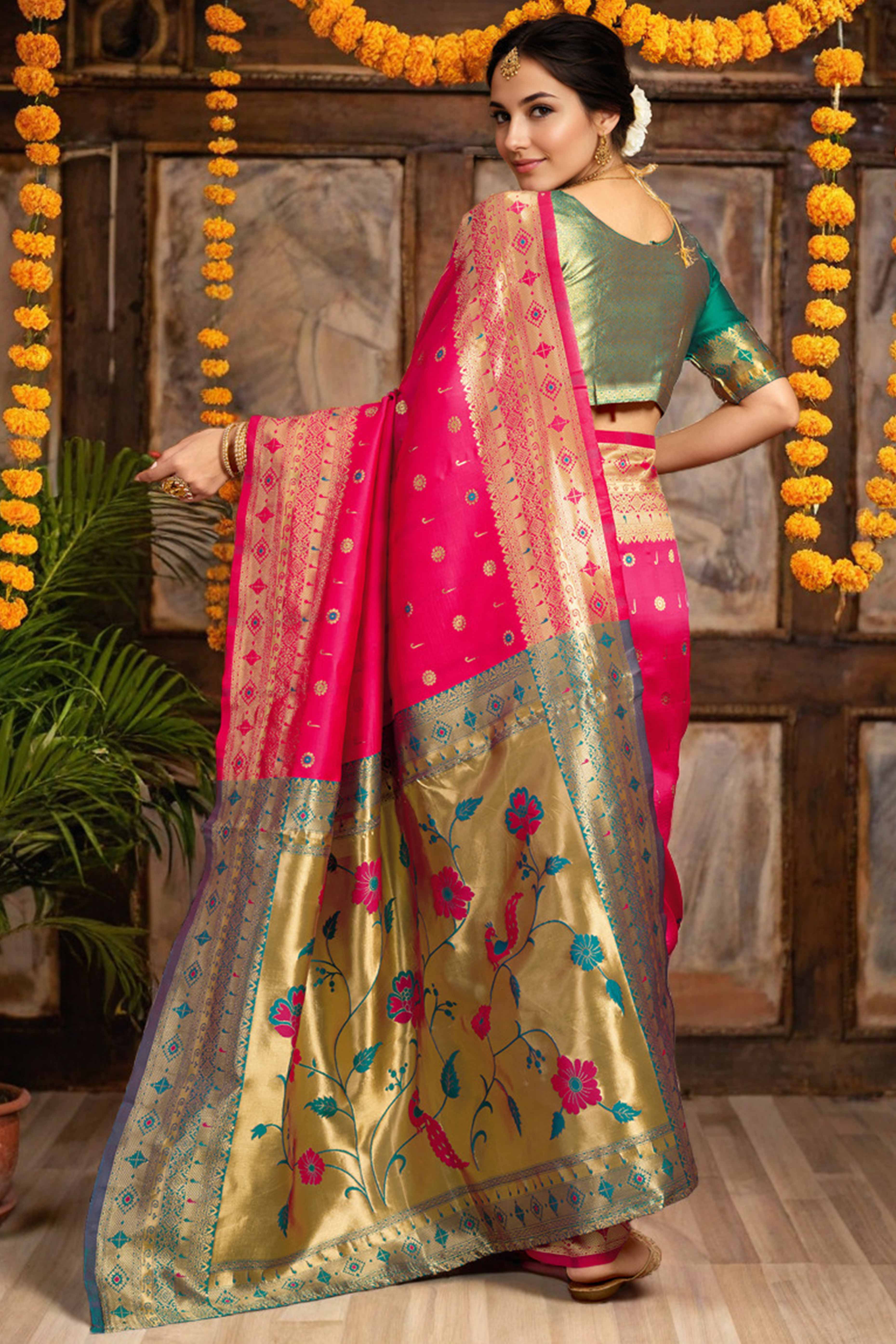 Pink Silk Blend Saree With Traditional Paithani Zari Weaving Of Peacock & Floral Designs