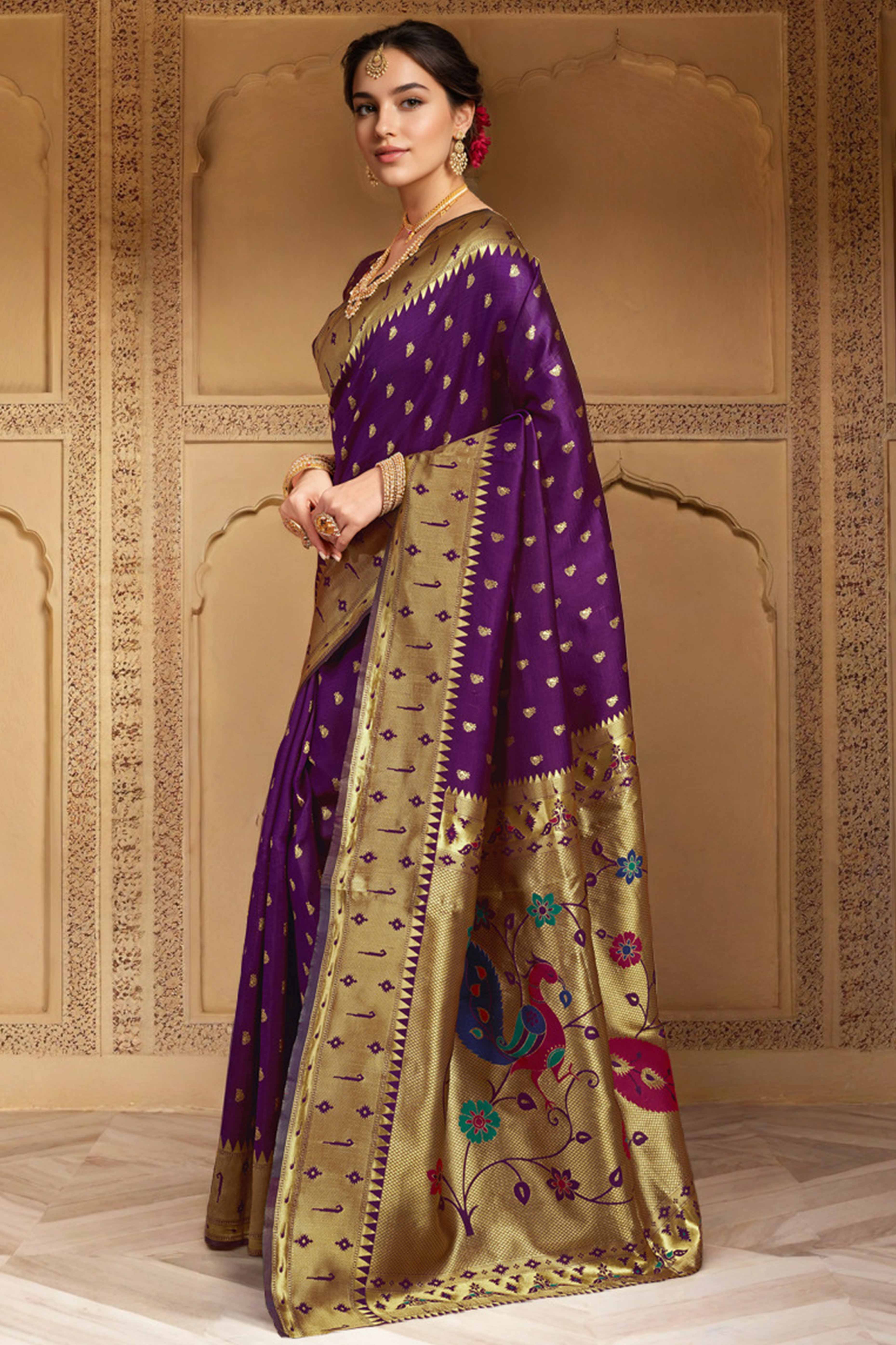 Purple Paithani Saree In Silk Blend Highlighted With Zari Woven Peacock & Floral Motifs