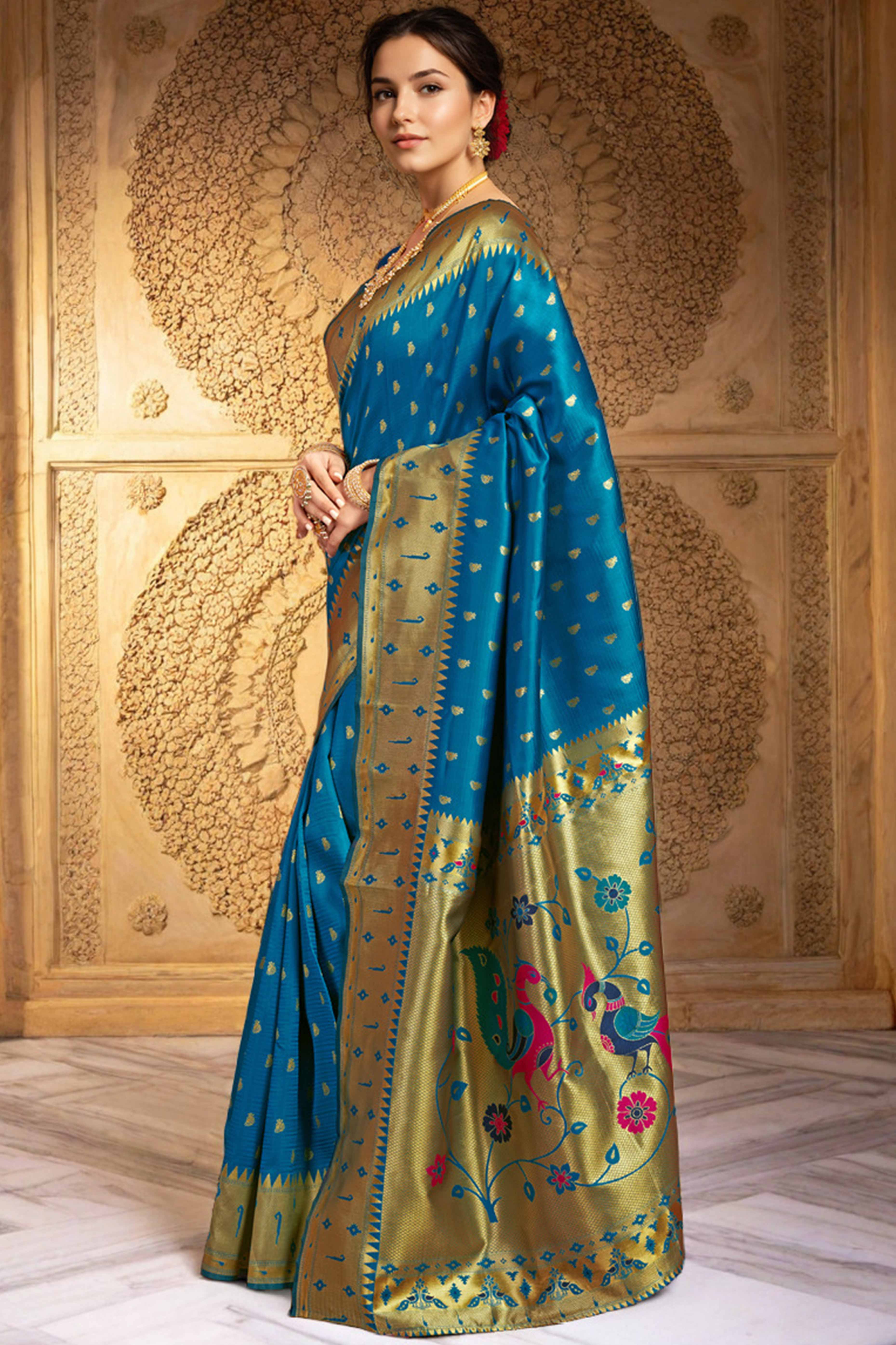Blue Paithani Saree In Silk Blend Highlighted With Zari Woven Peacock & Floral Motifs