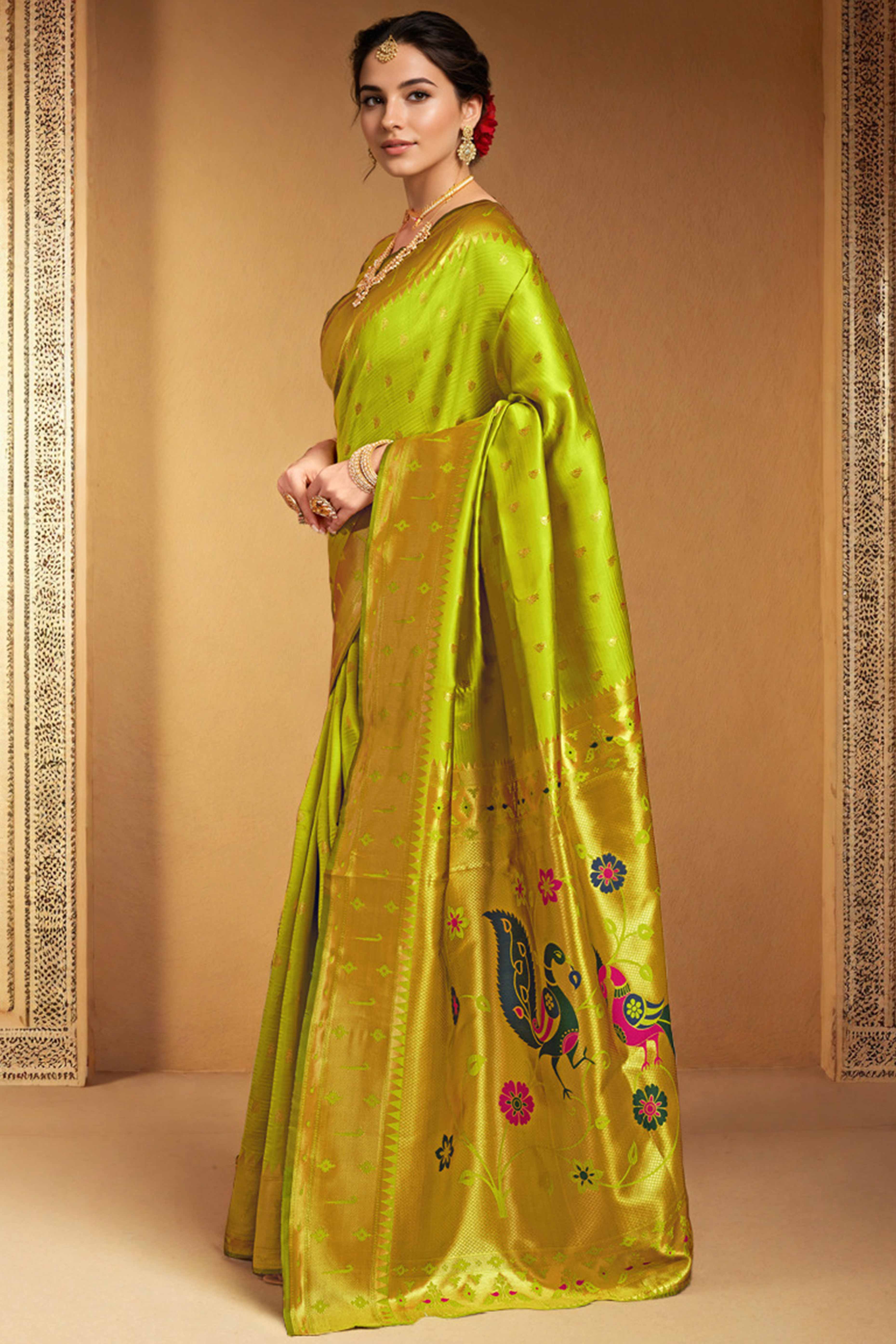 Lime Green Paithani Saree In Silk Blend Highlighted With Zari Woven Peacock & Floral Motifs