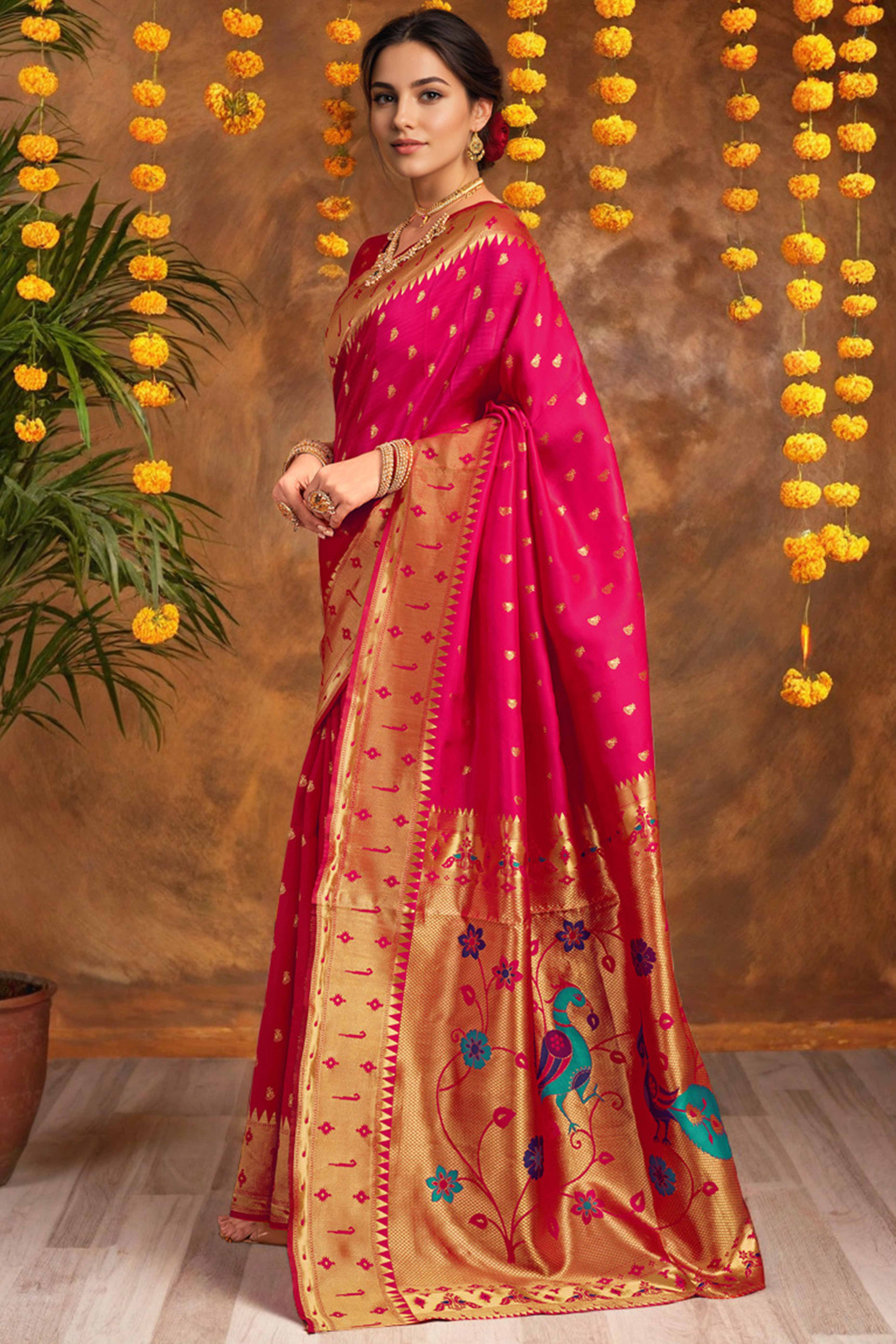 Pink Paithani Saree In Silk Blend Highlighted With Zari Woven Peacock & Floral Motifs