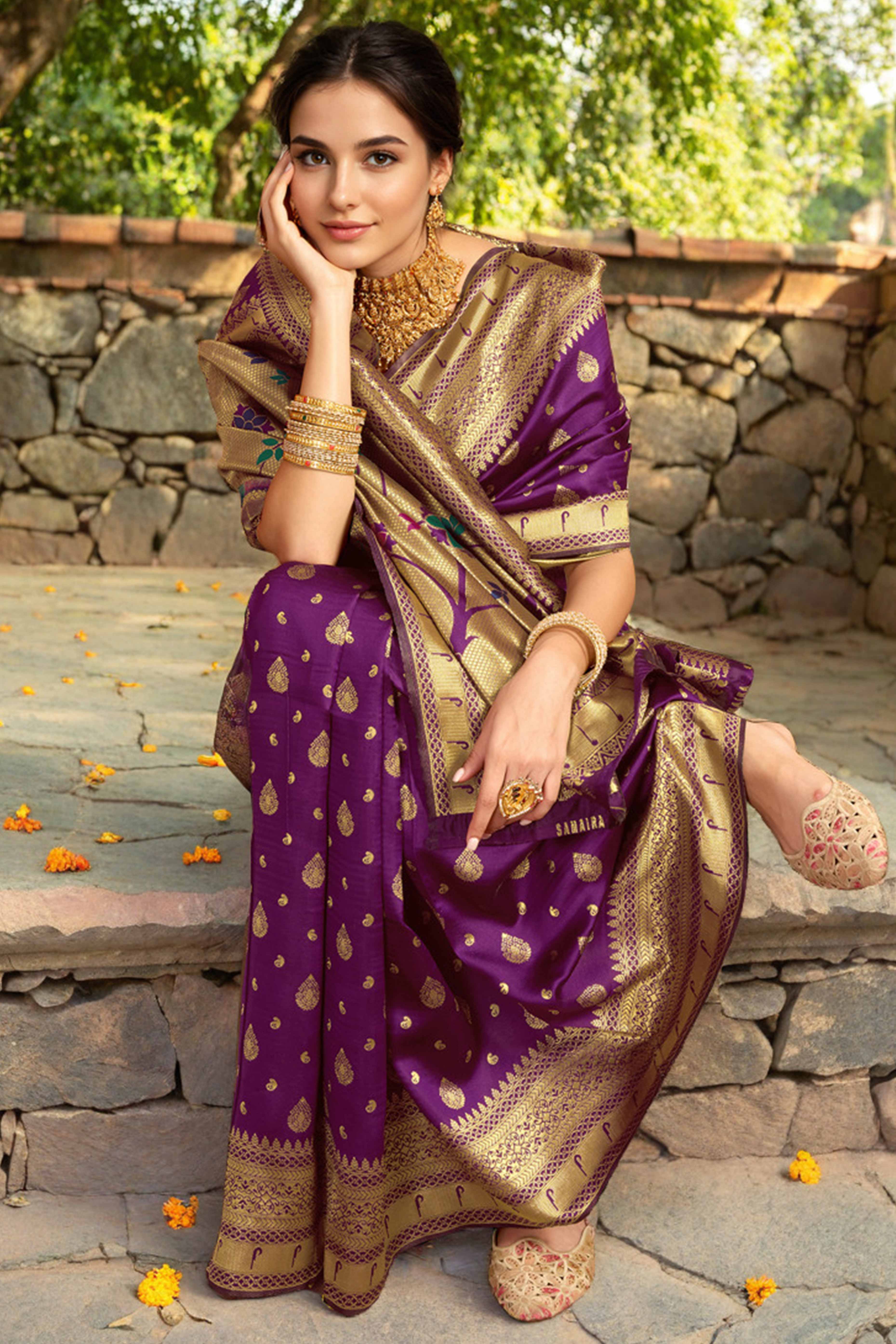 Purple Silk Blend Paithani Saree Showcasing Rich Zari Weaving With Birds & Floral Accents