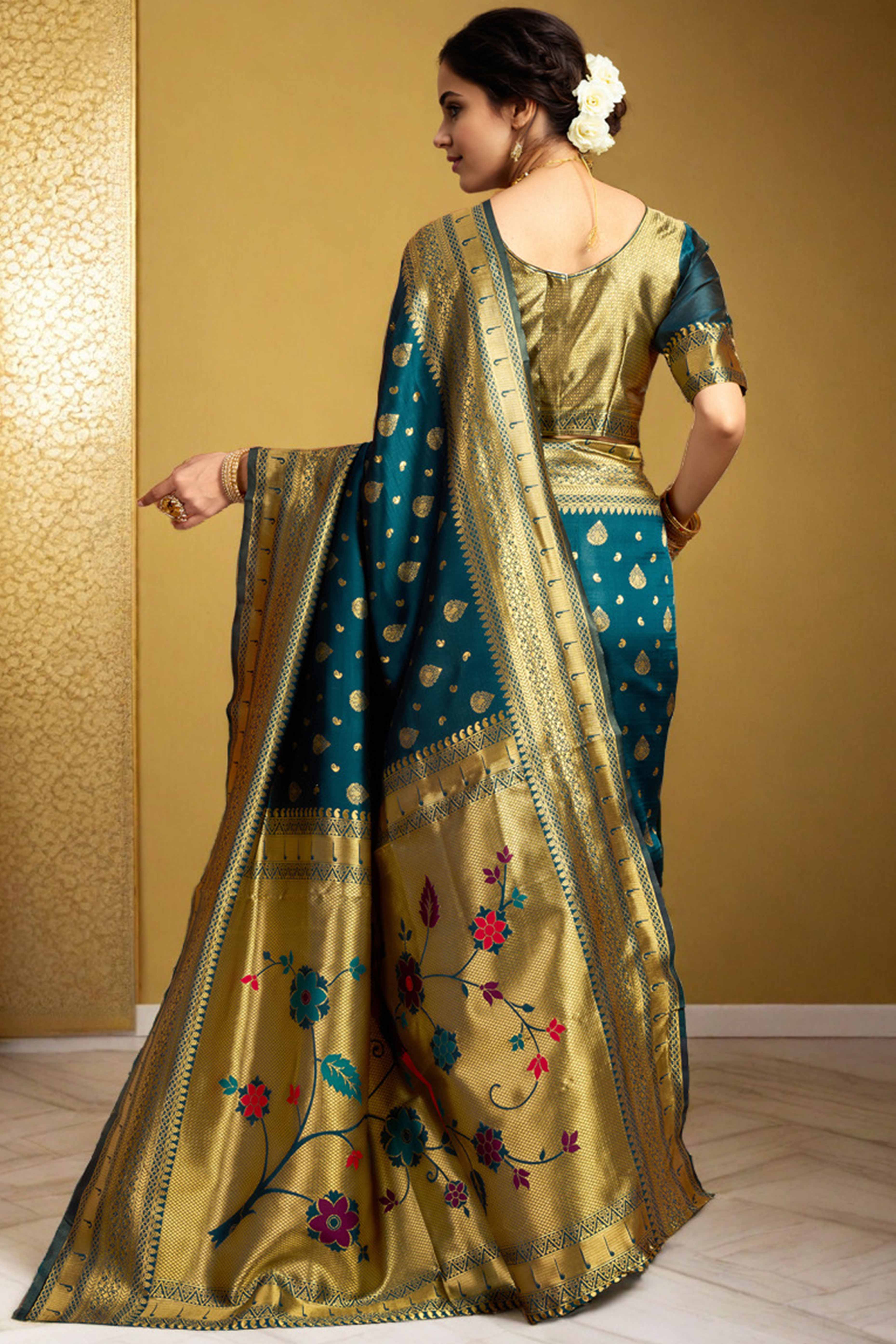 Morpich Blue Silk Blend Paithani Saree Showcasing Rich Zari Weaving With Birds & Floral Accents