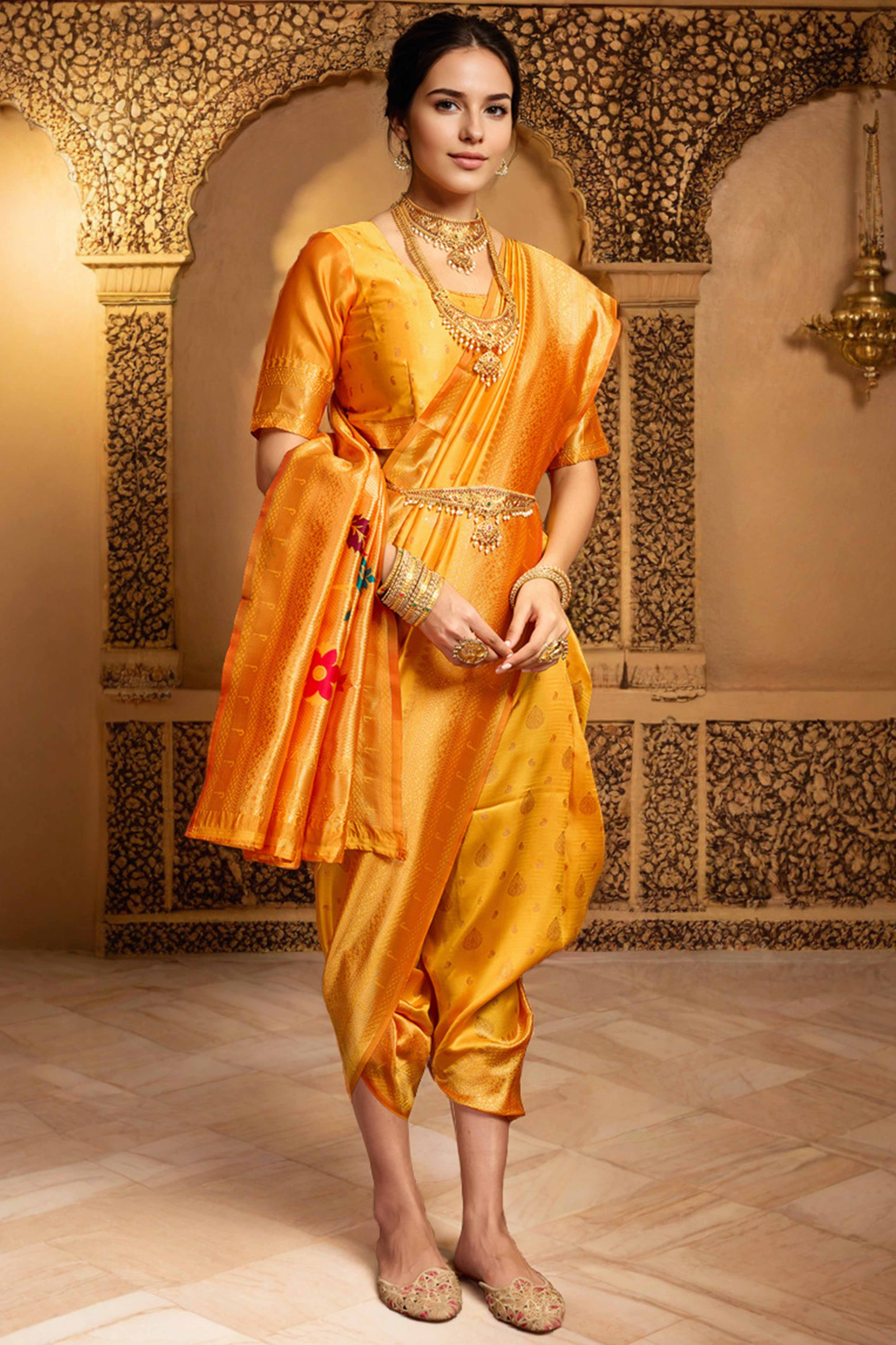 Orange Silk Blend Paithani Saree Showcasing Rich Zari Weaving With Birds & Floral Accents