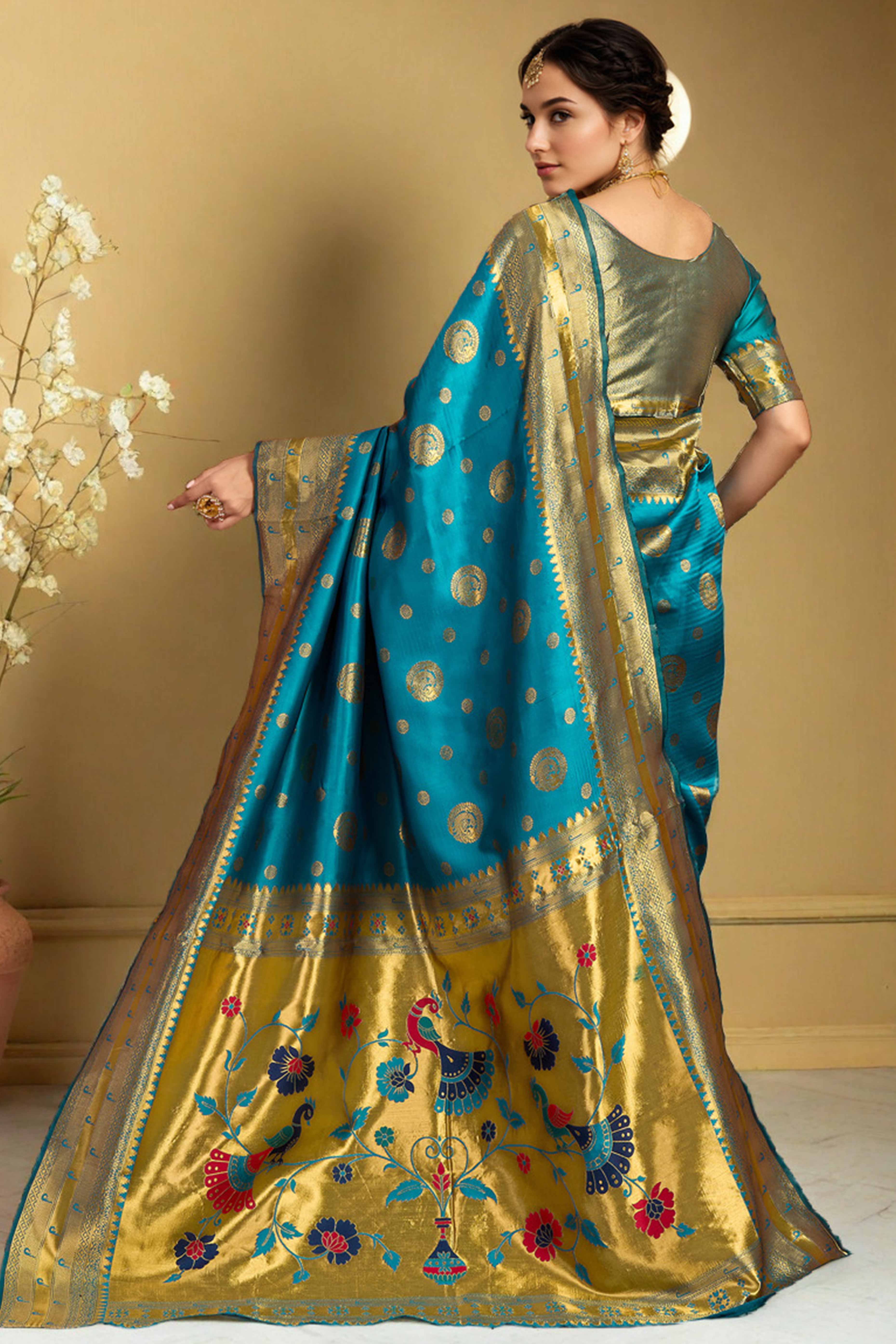 Blue Paithani Silk Blend Saree Embellished With Zari Peacock & Floral Woven Patterns
