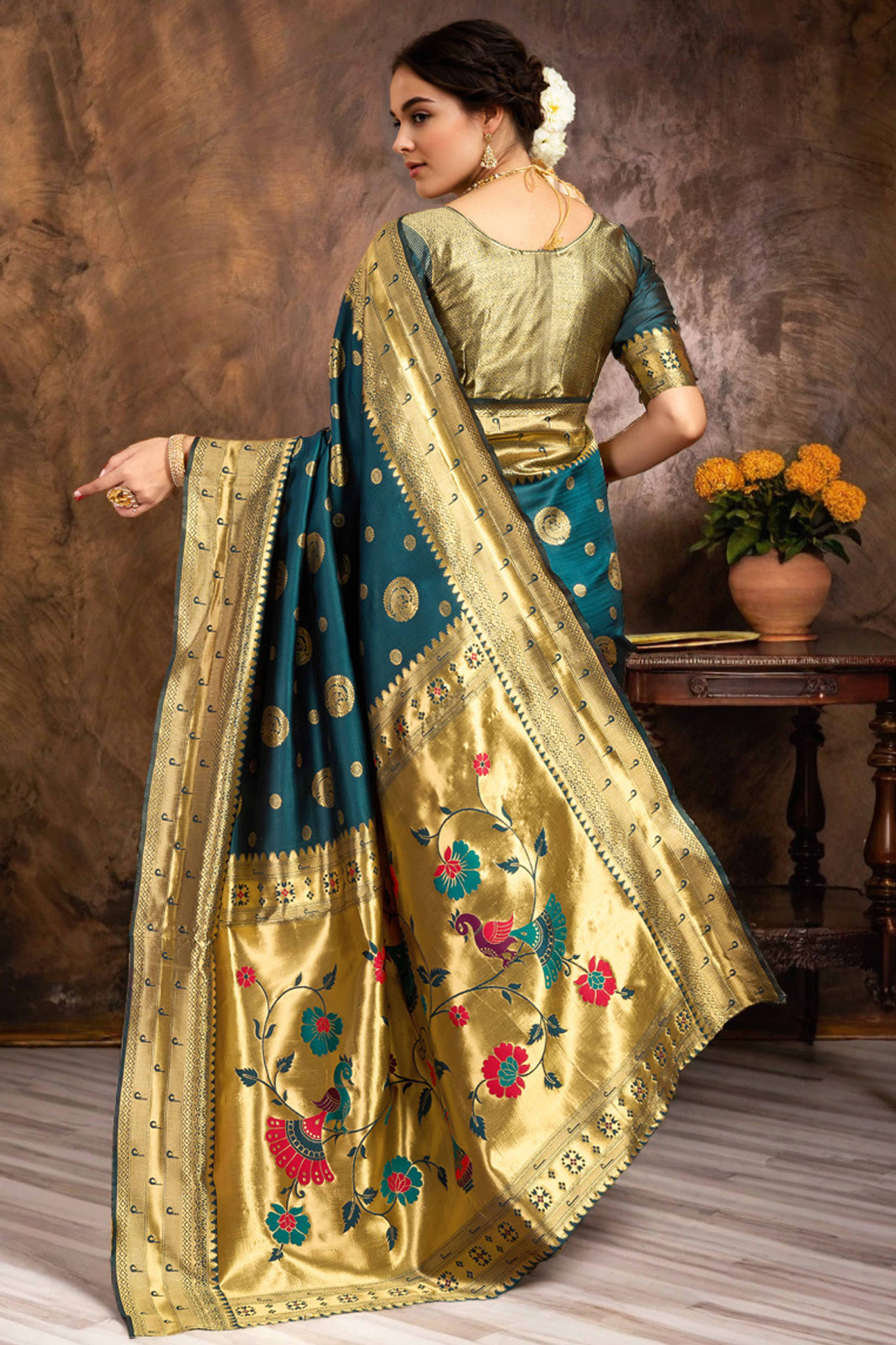 Teal Paithani Silk Blend Saree Embellished With Zari Peacock & Floral Woven Patterns