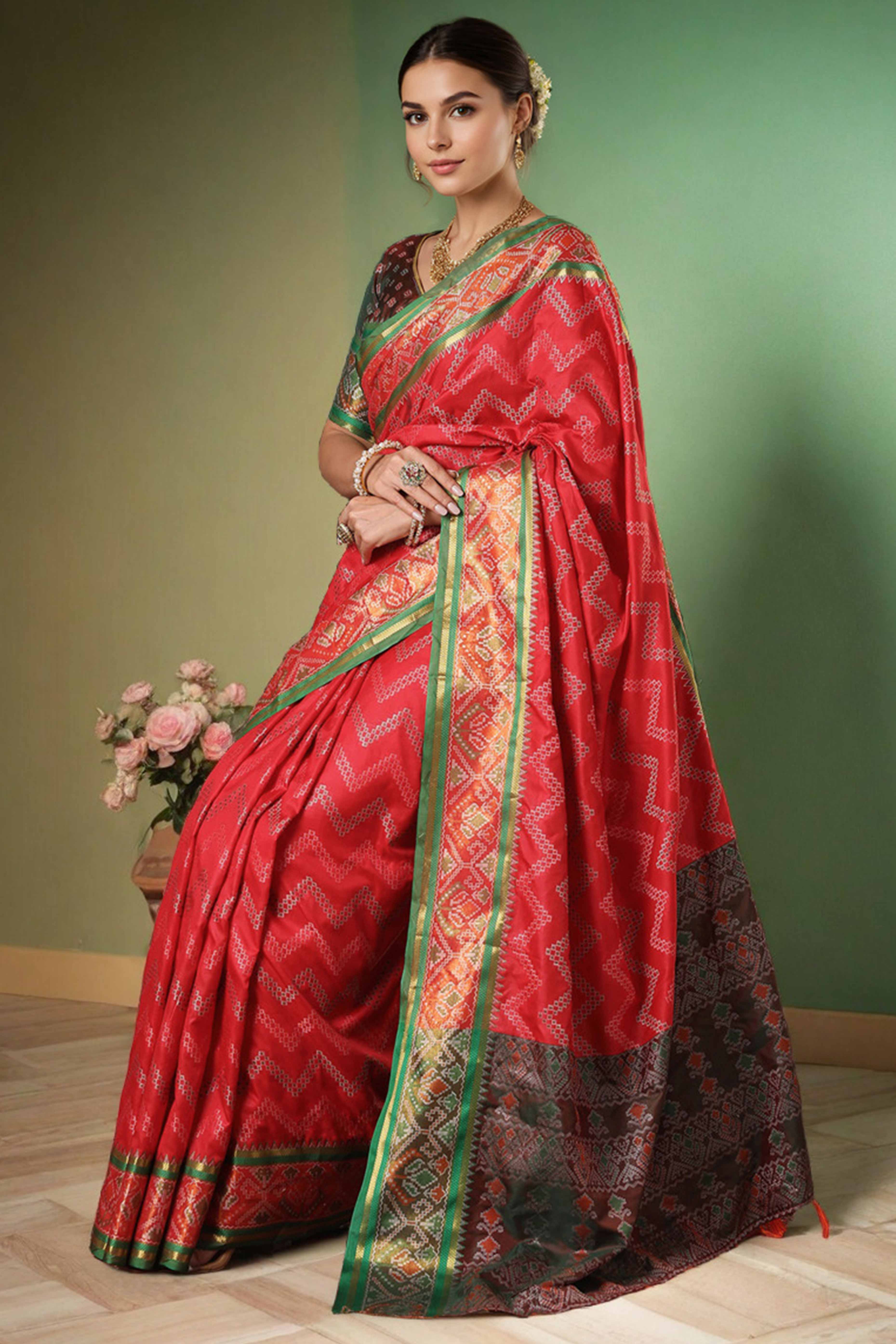 Red Silk Blend Saree With Traditional Zig Zag Patola Weaving & Tassel Pallu