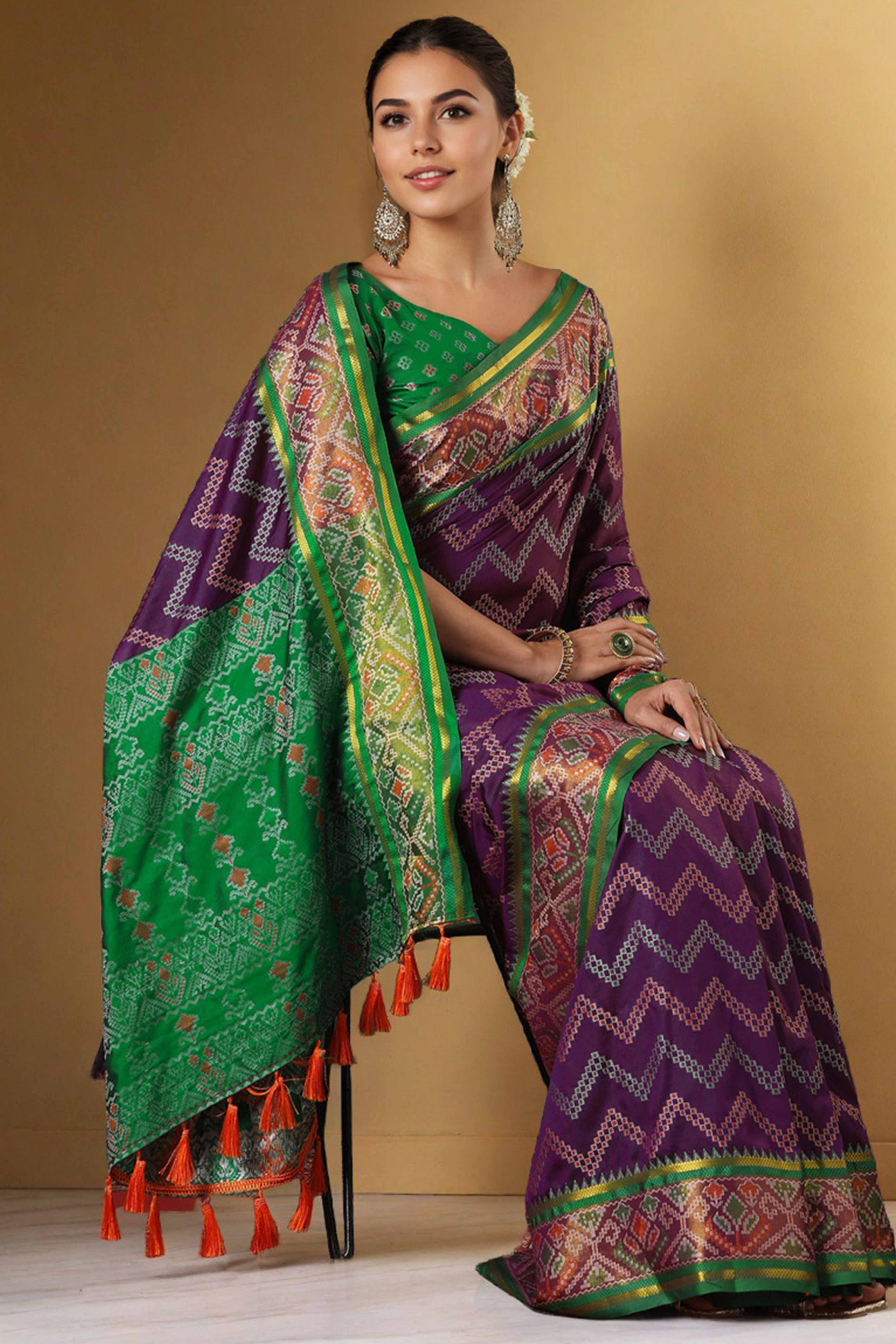 Purple Silk Blend Saree With Traditional Zig Zag Patola Weaving & Tassel Pallu