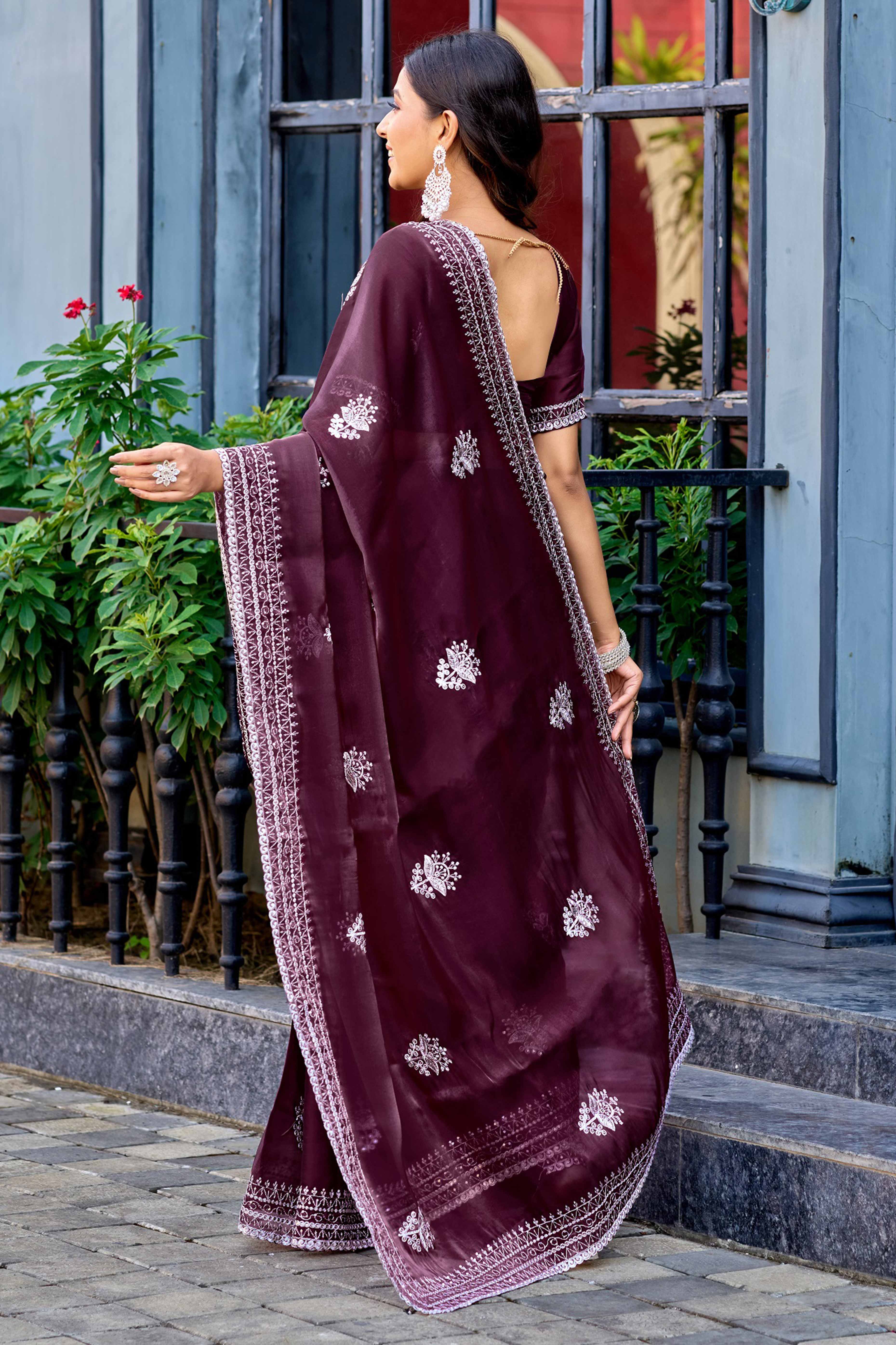 Coffee Brown Partywear Saree in Shimmer Chiffon with Sequins Embroidery