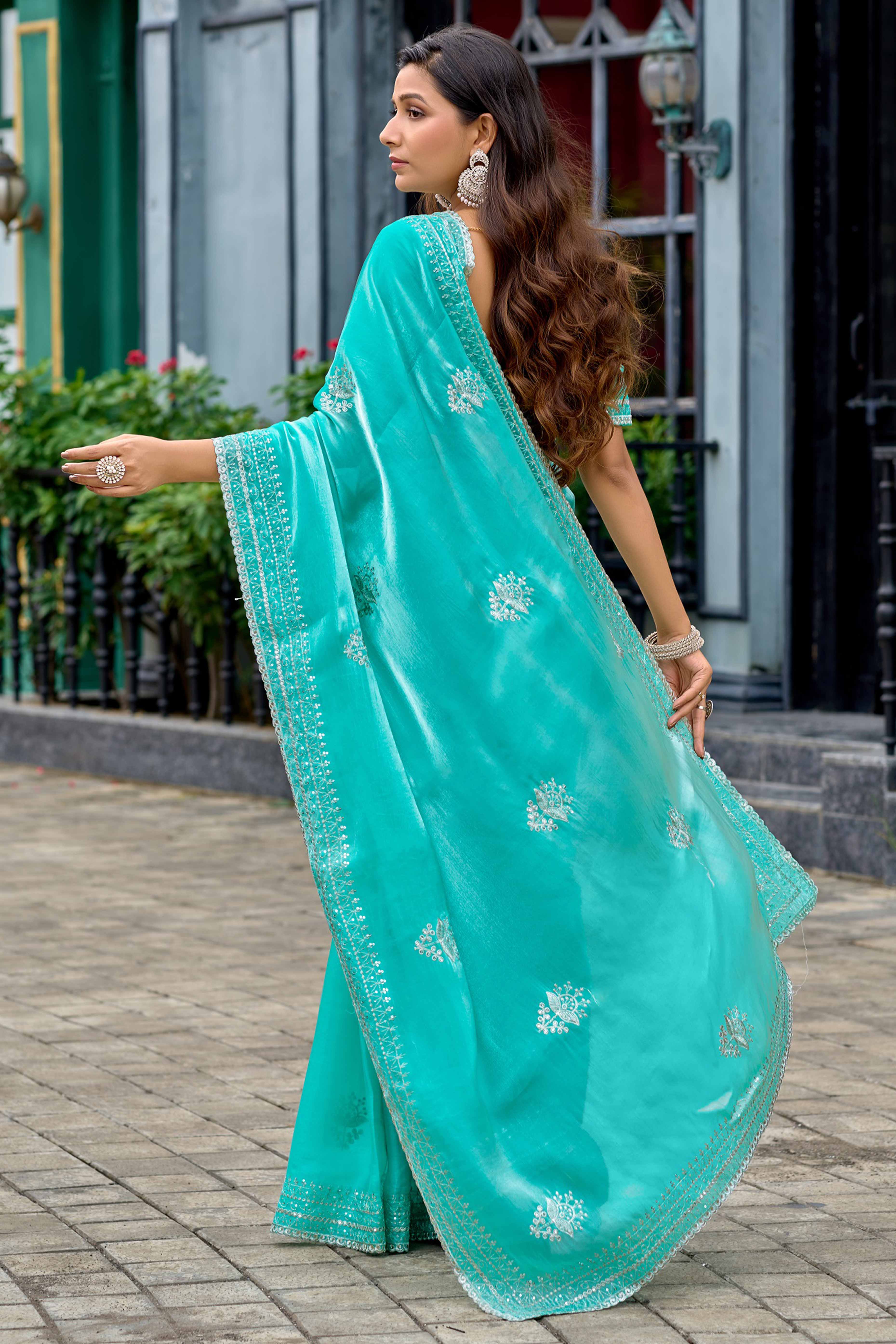 Turquoise Partywear Saree in Shimmer Chiffon with Sequins Embroidery
