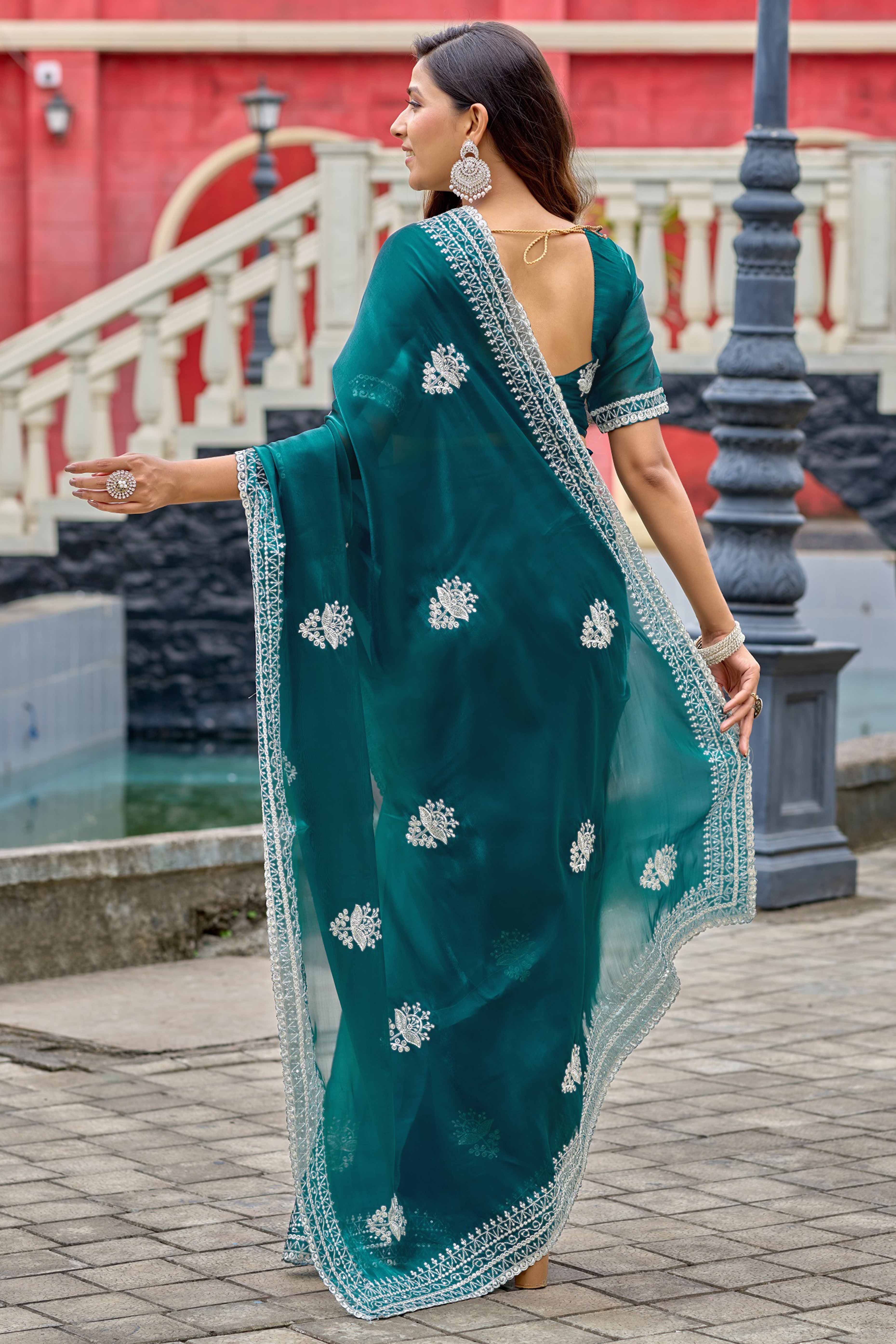 Peacock Green Partywear Saree in Shimmer Chiffon with Sequins Embroidery