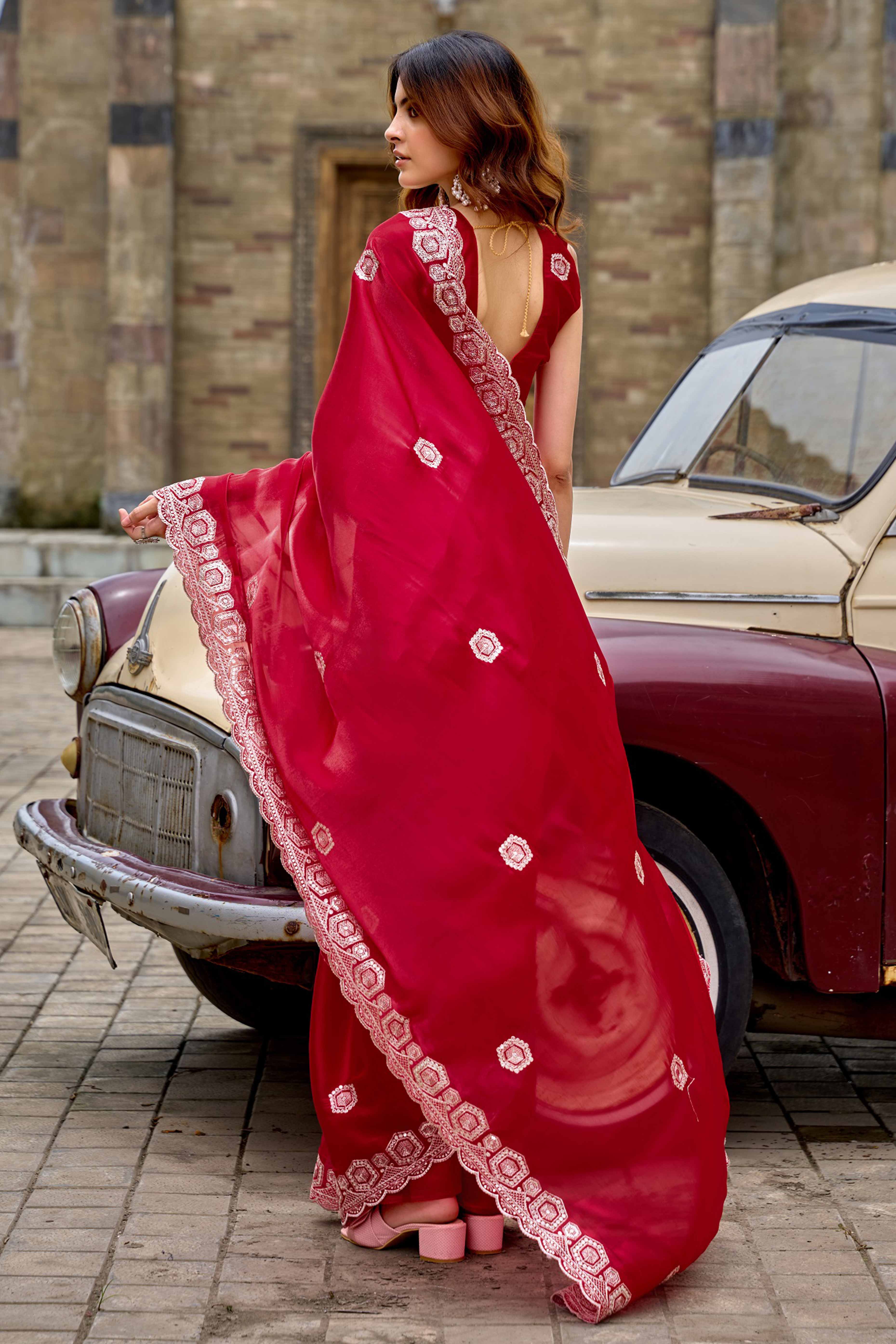 Shimmering Red Chiffon Saree with Delicate Sequins Work