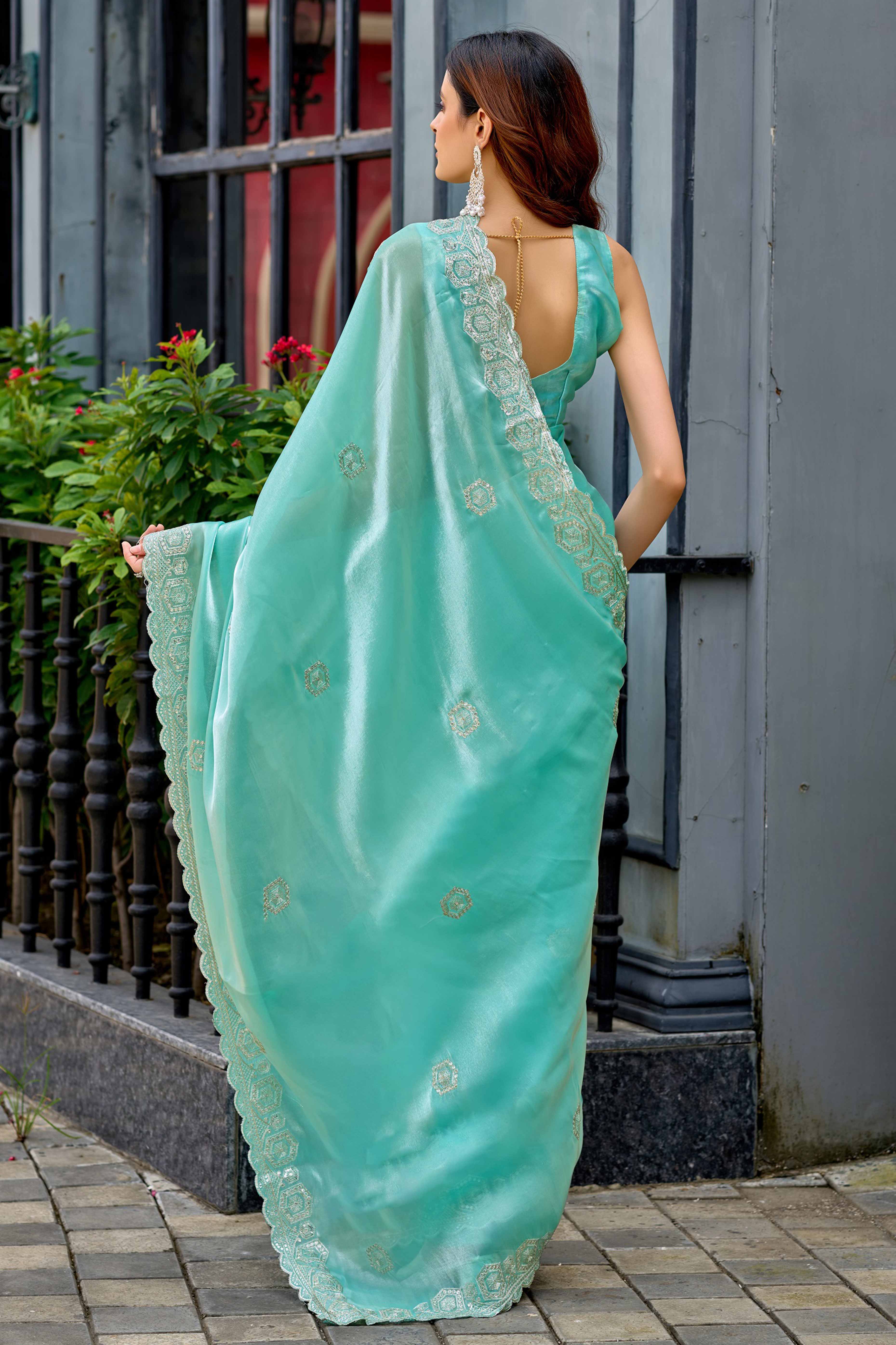 Shimmering Turquoise Chiffon Saree with Delicate Sequins Work