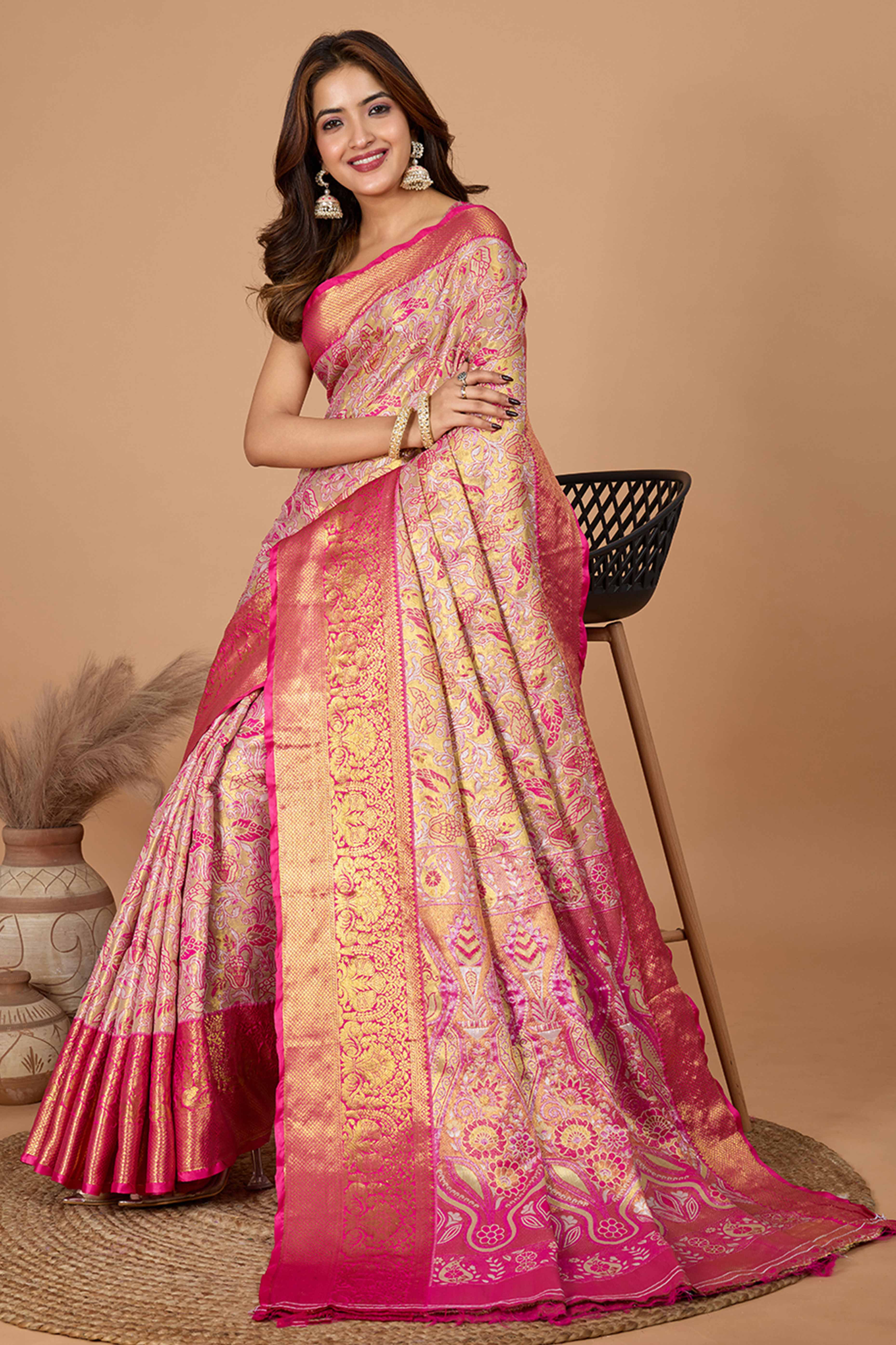 Rani Pink Kanjivaram Silk Saree Adorned With Exquisite Floral Zari Weaving