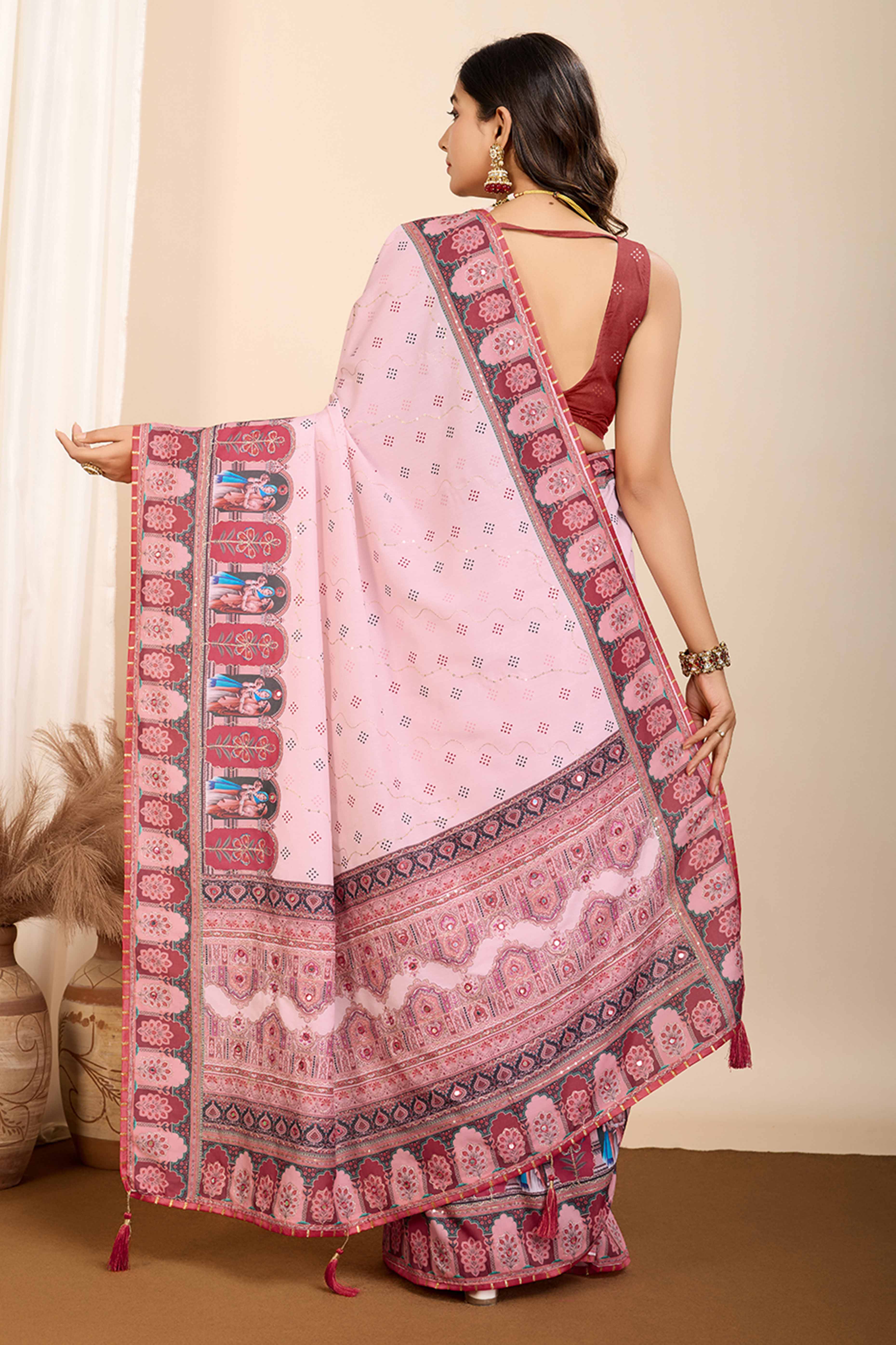 Pink Digital Print with Embroidery Work Muslin Saree