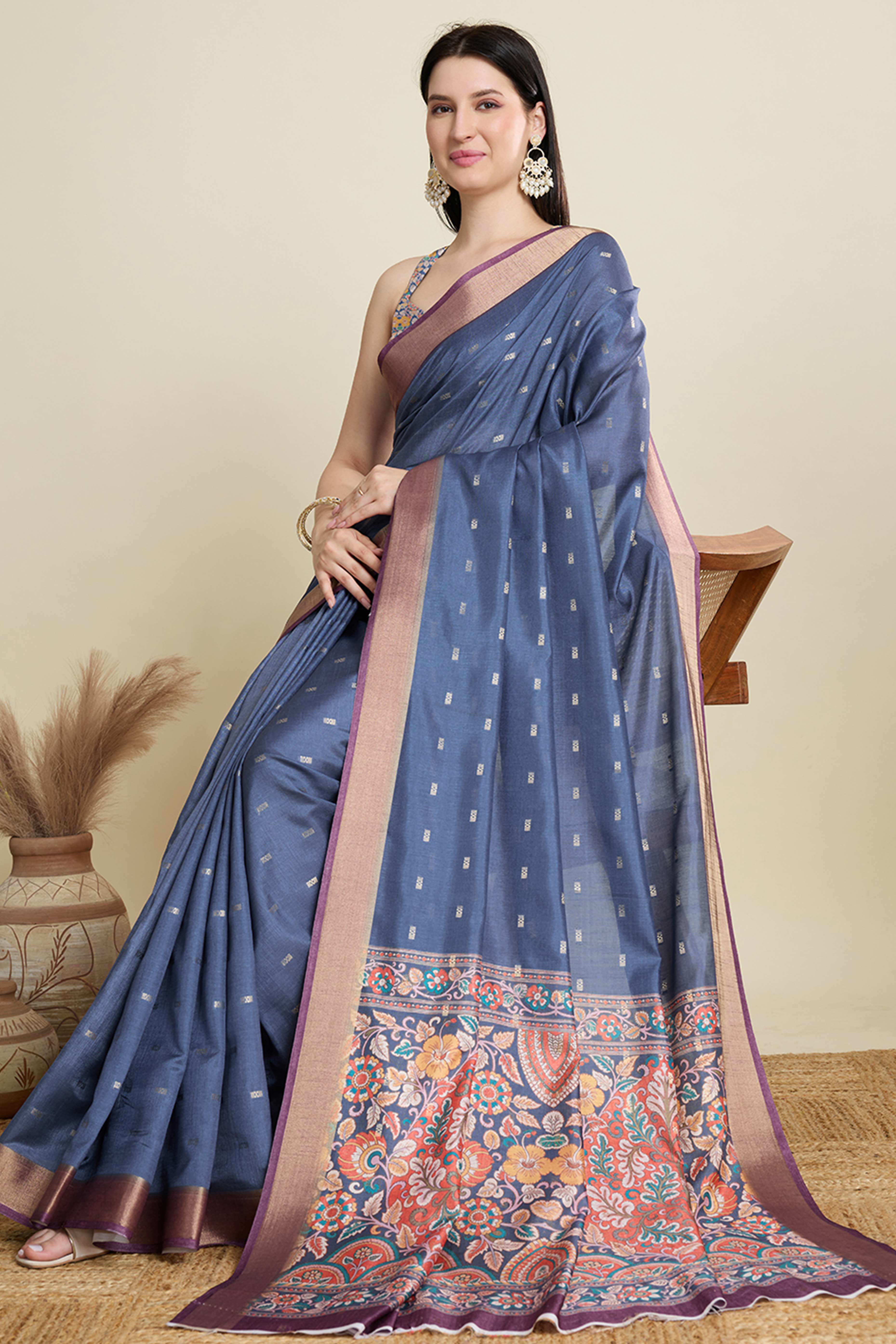 Blue Cotton Blend Saree with Traditional Weaving Butti Work and Gleaming Zari Border