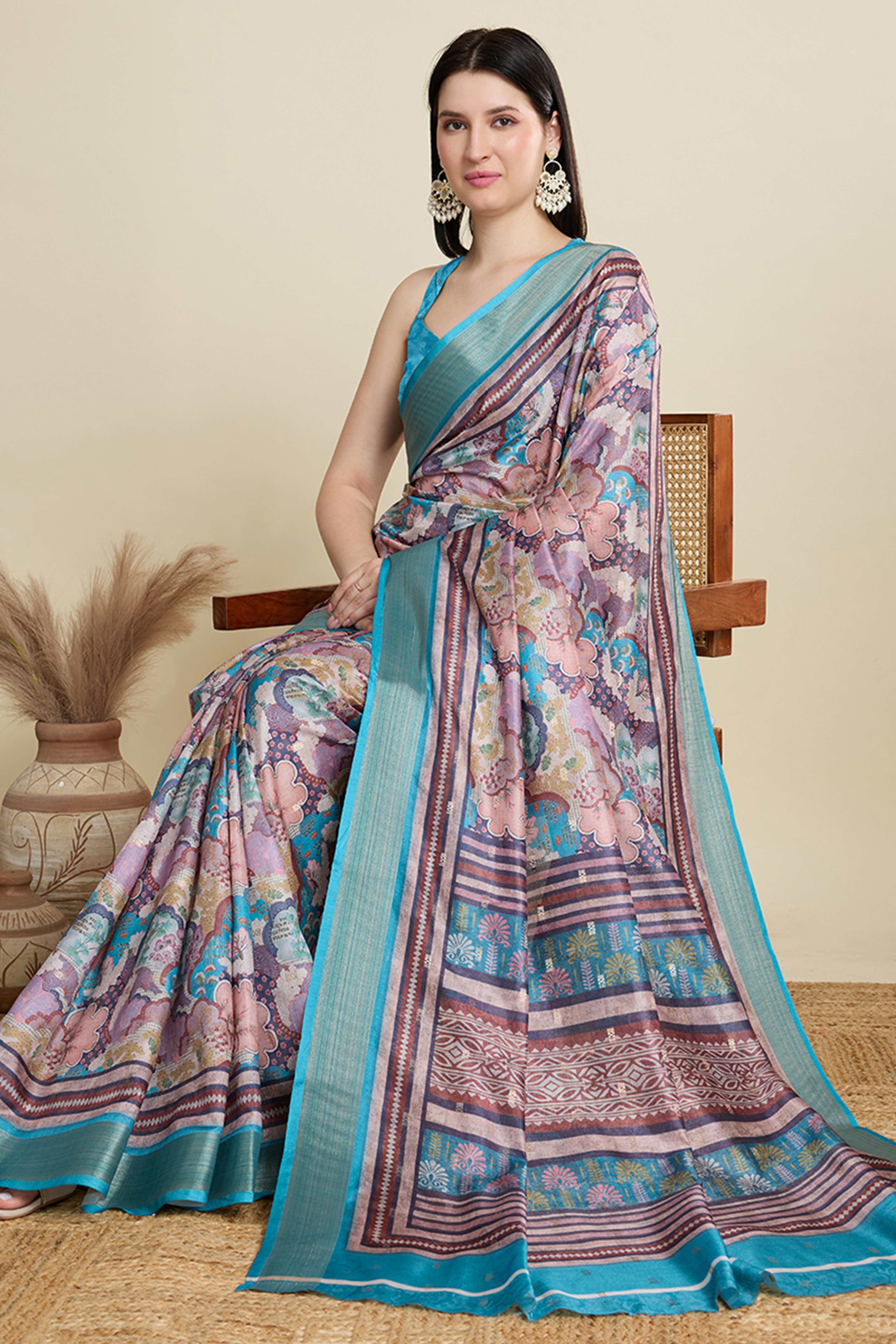 Multicolor Cotton Blend Saree Featuring Floral Prints and a Festive Zari Border Accent