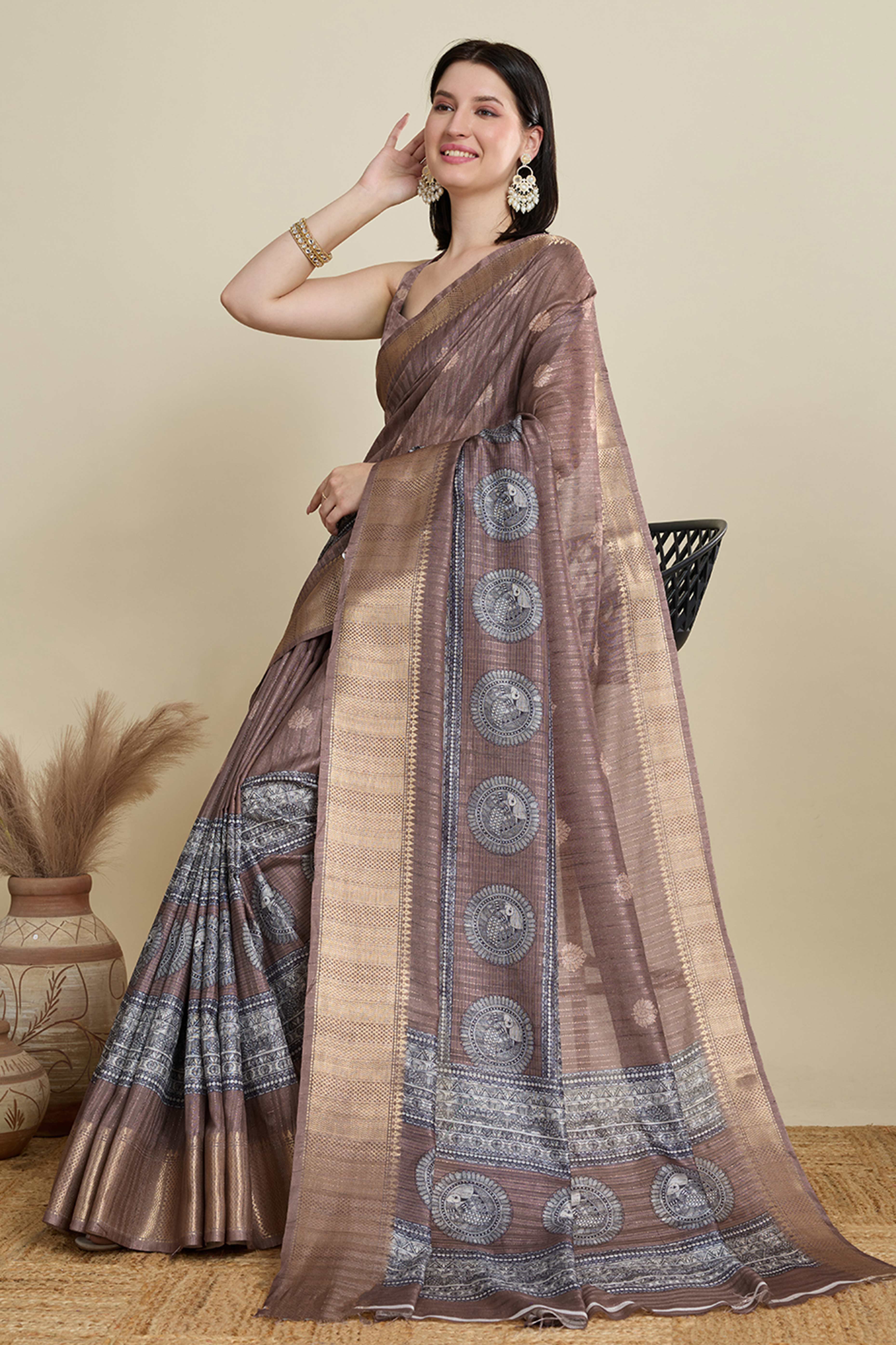Coffee Brown Cotton Blend Saree Featuring Floral Prints and a Festive Zari Border Accent