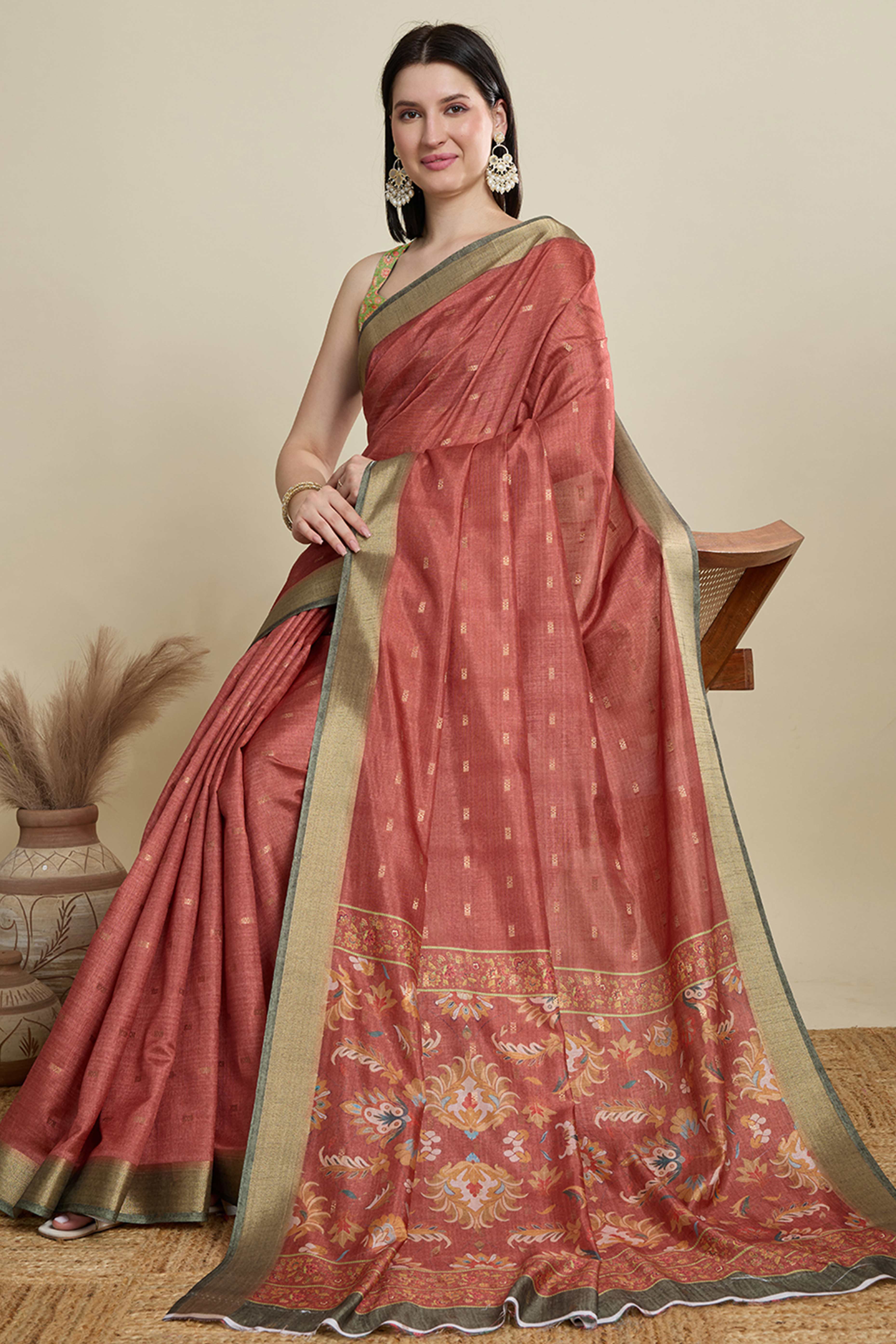 Rust Cotton Blend Saree with Traditional Weaving Butti Work and Gleaming Zari Border