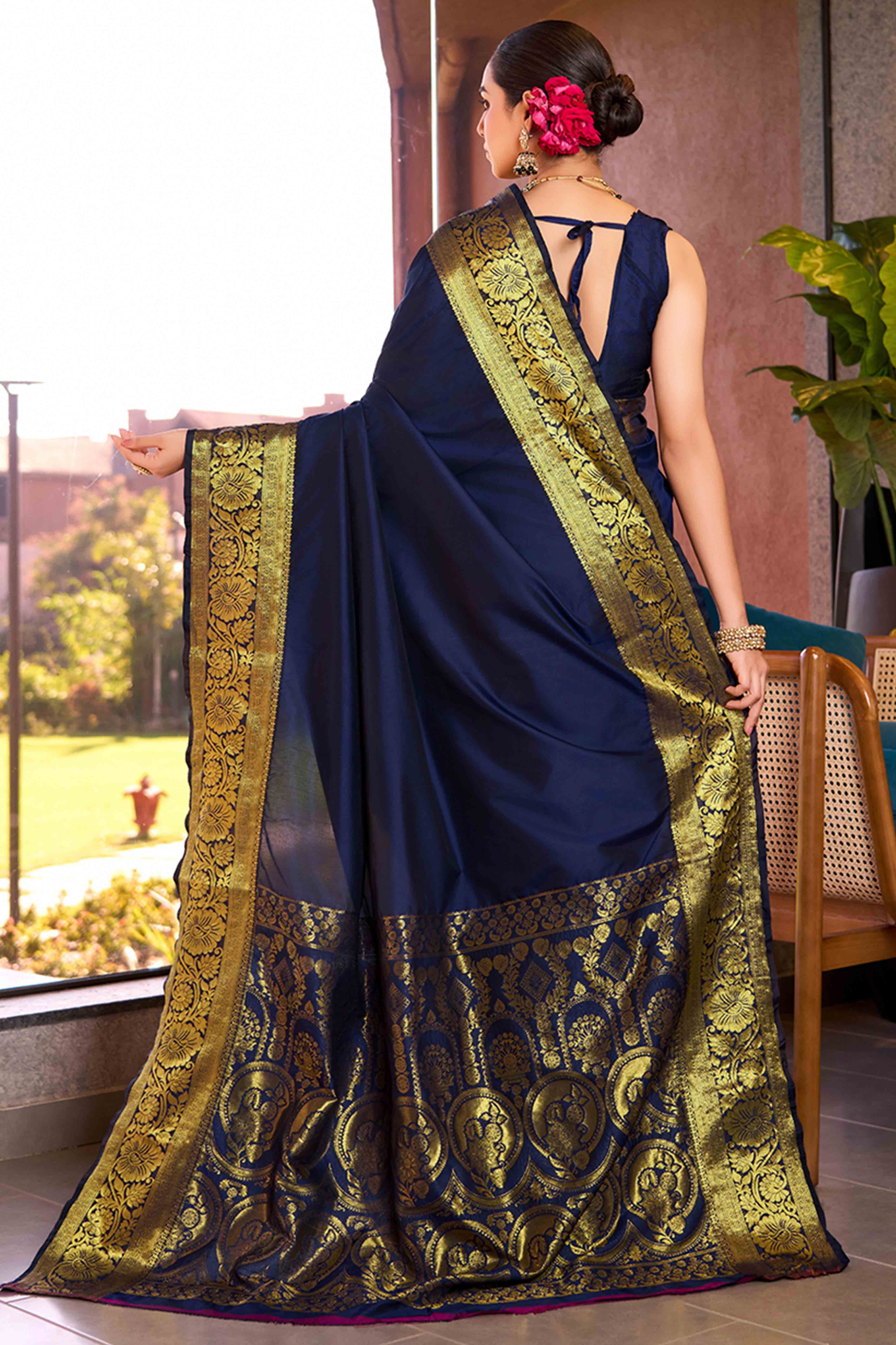 Unveil Your Grace In Navy Blue Floral Woven Pure Silk Saree