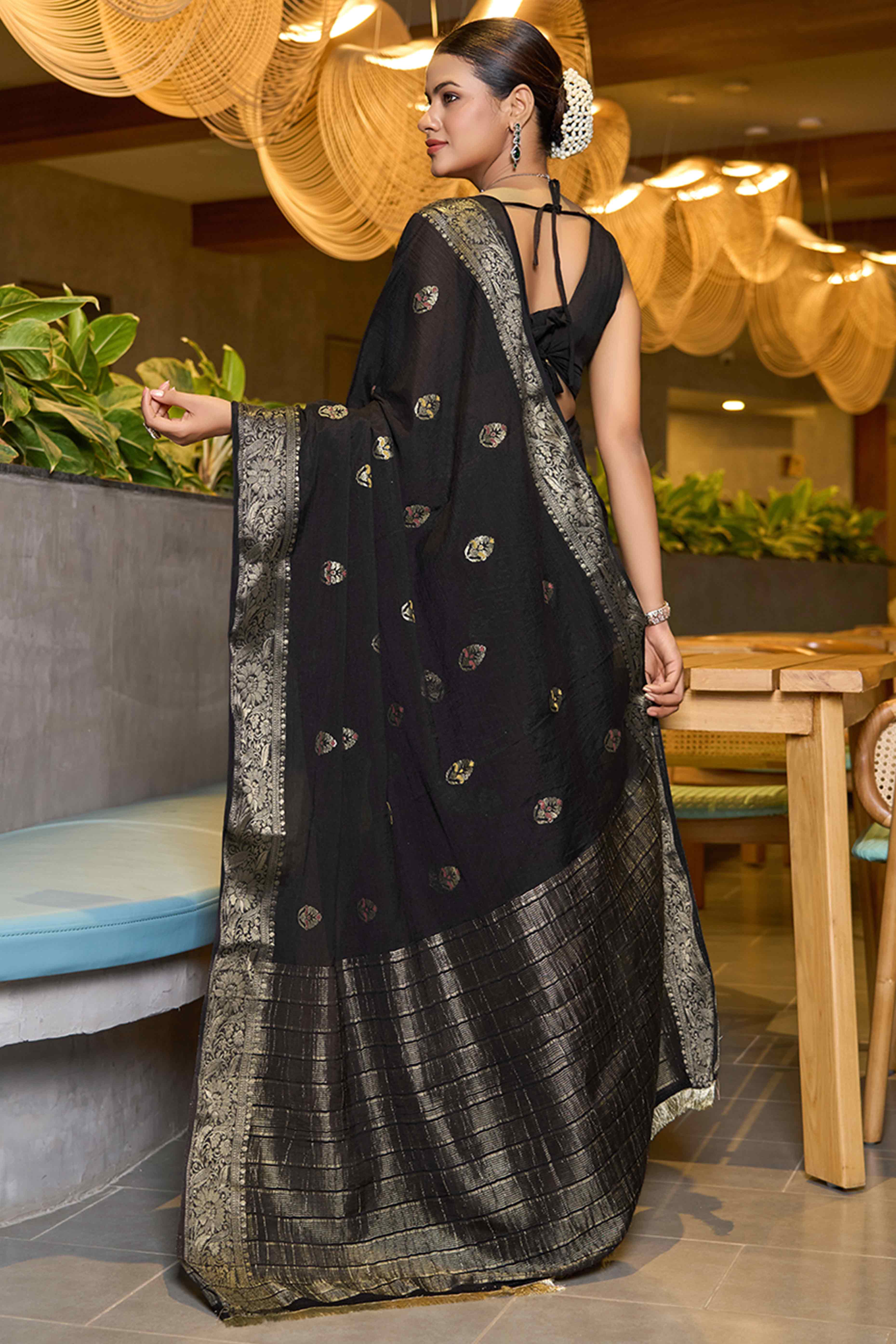 Feel The Luxury Of Black Floral Woven Chinon Silk Saree
