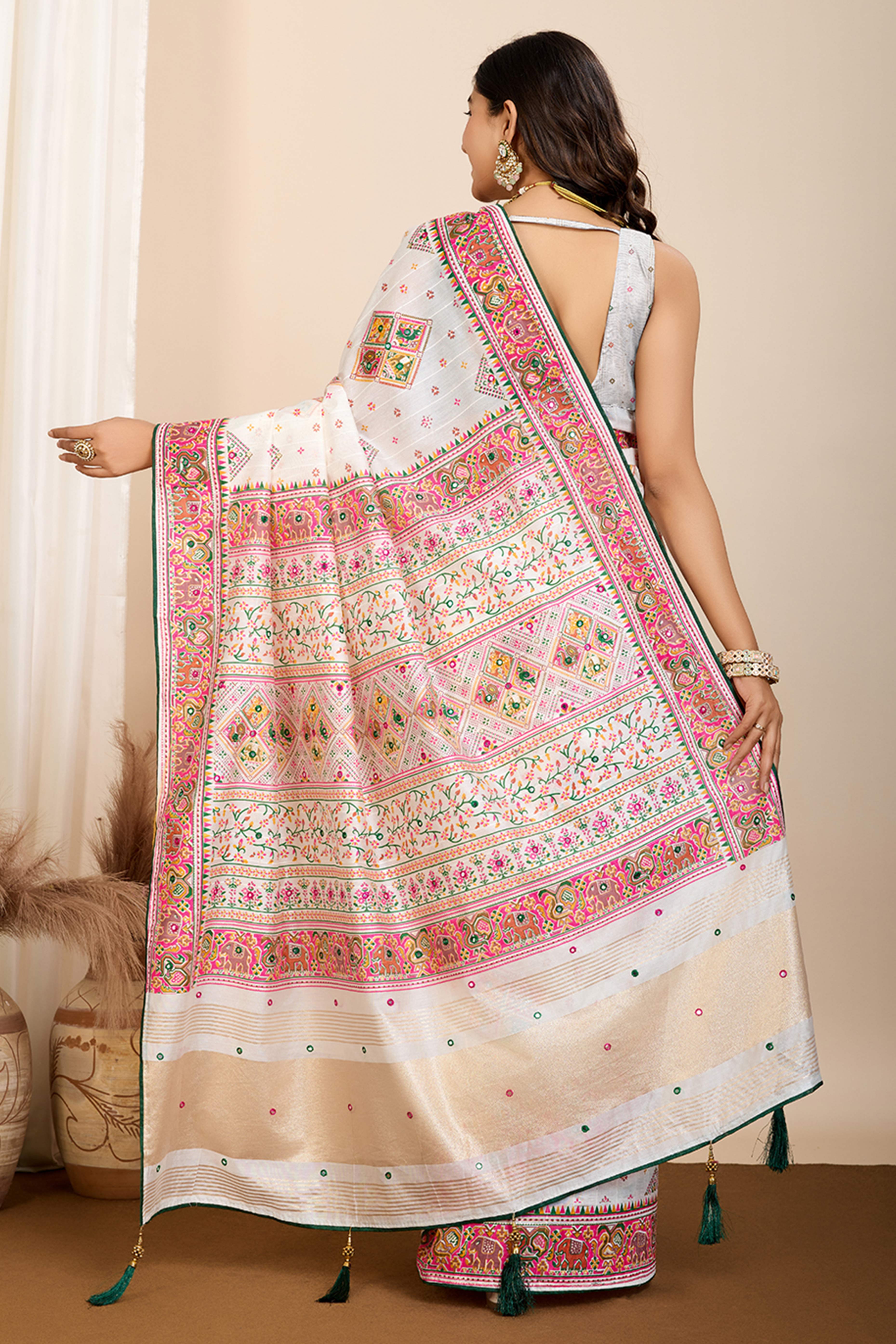Off White Patola Printed Cotton Silk Saree