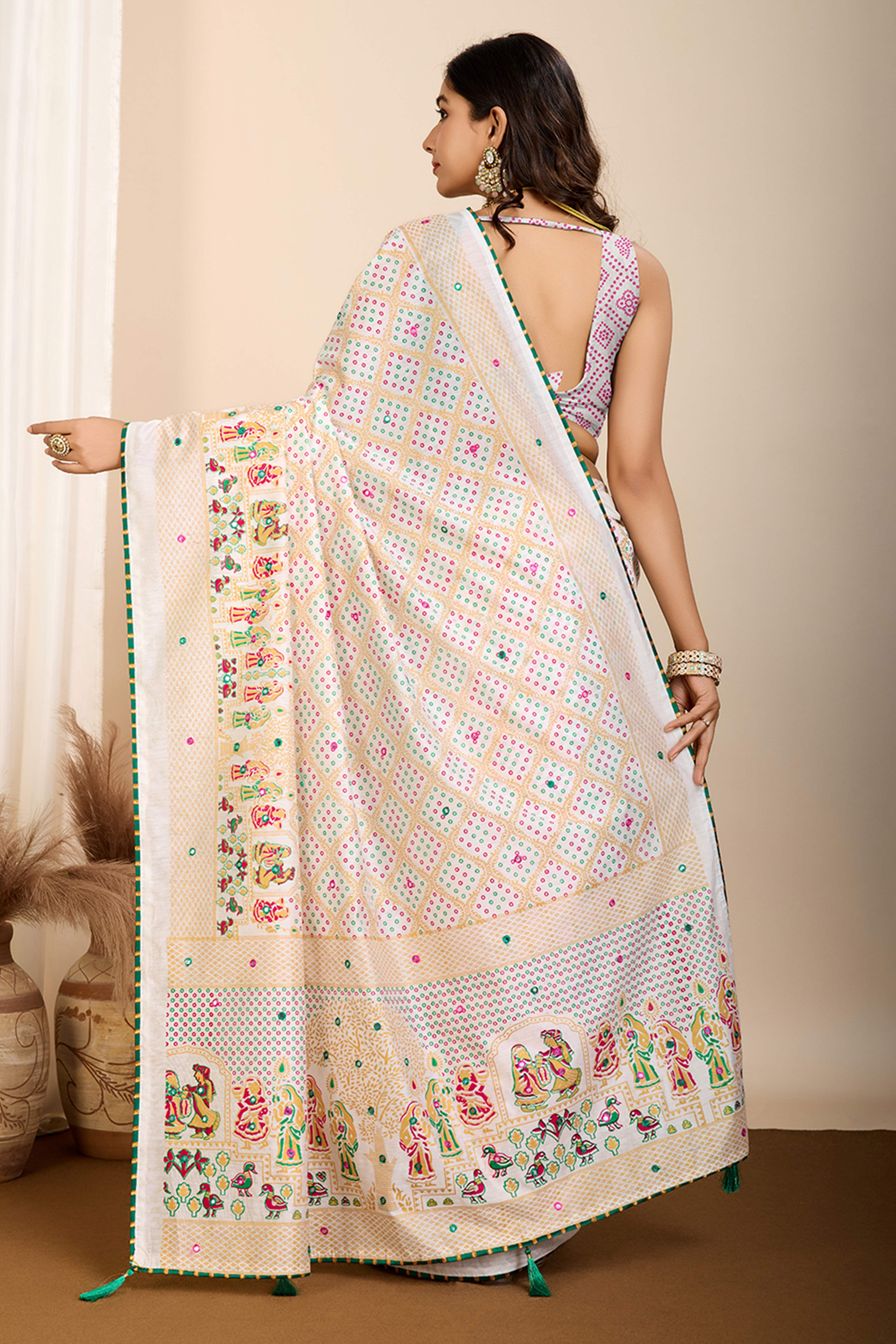 Off White Mirror Work Bandhani Printed Muslin Saree