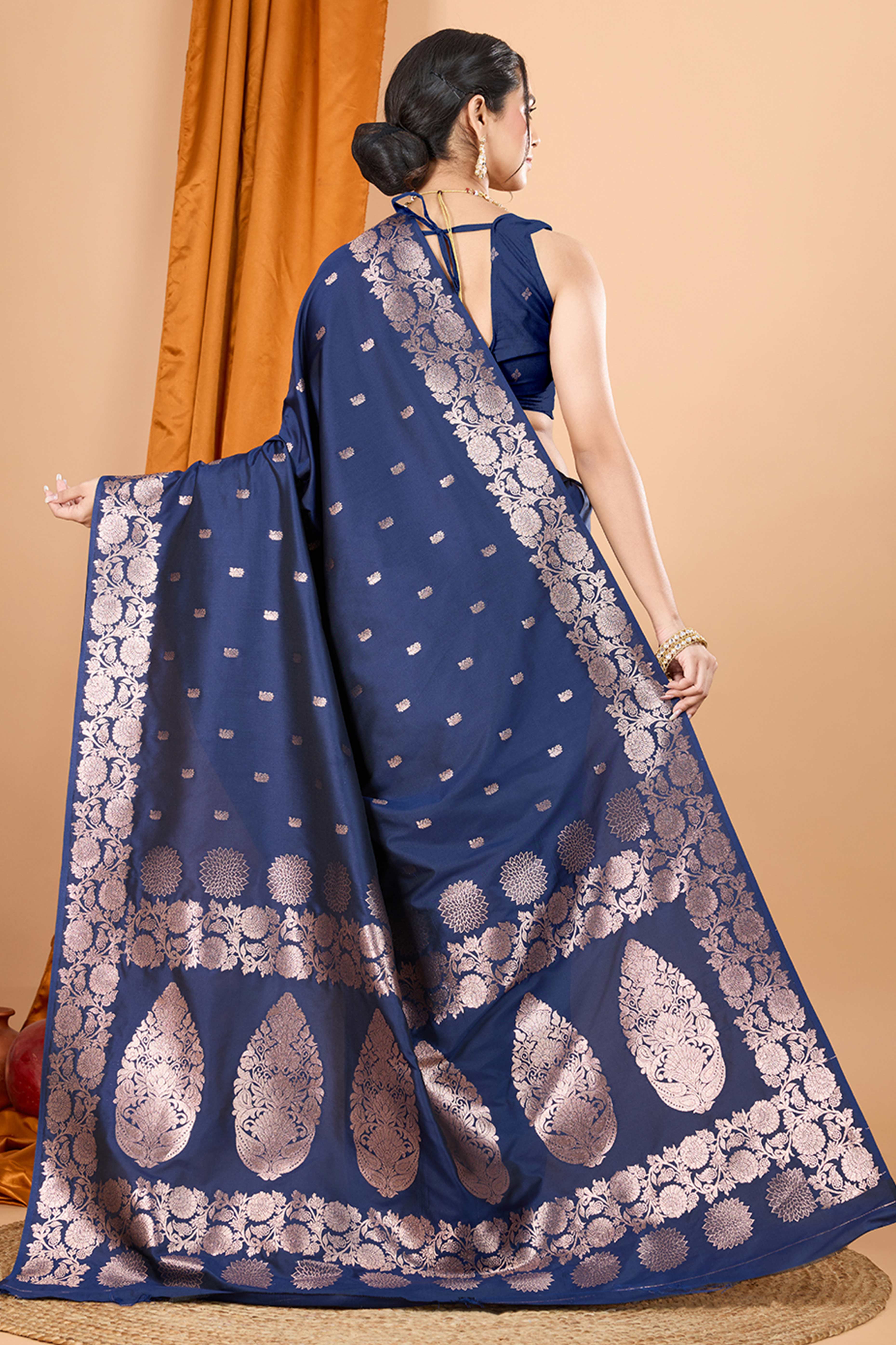 Navy Blue Banarasi Silk Saree With Intricate Floral Zari Weaving