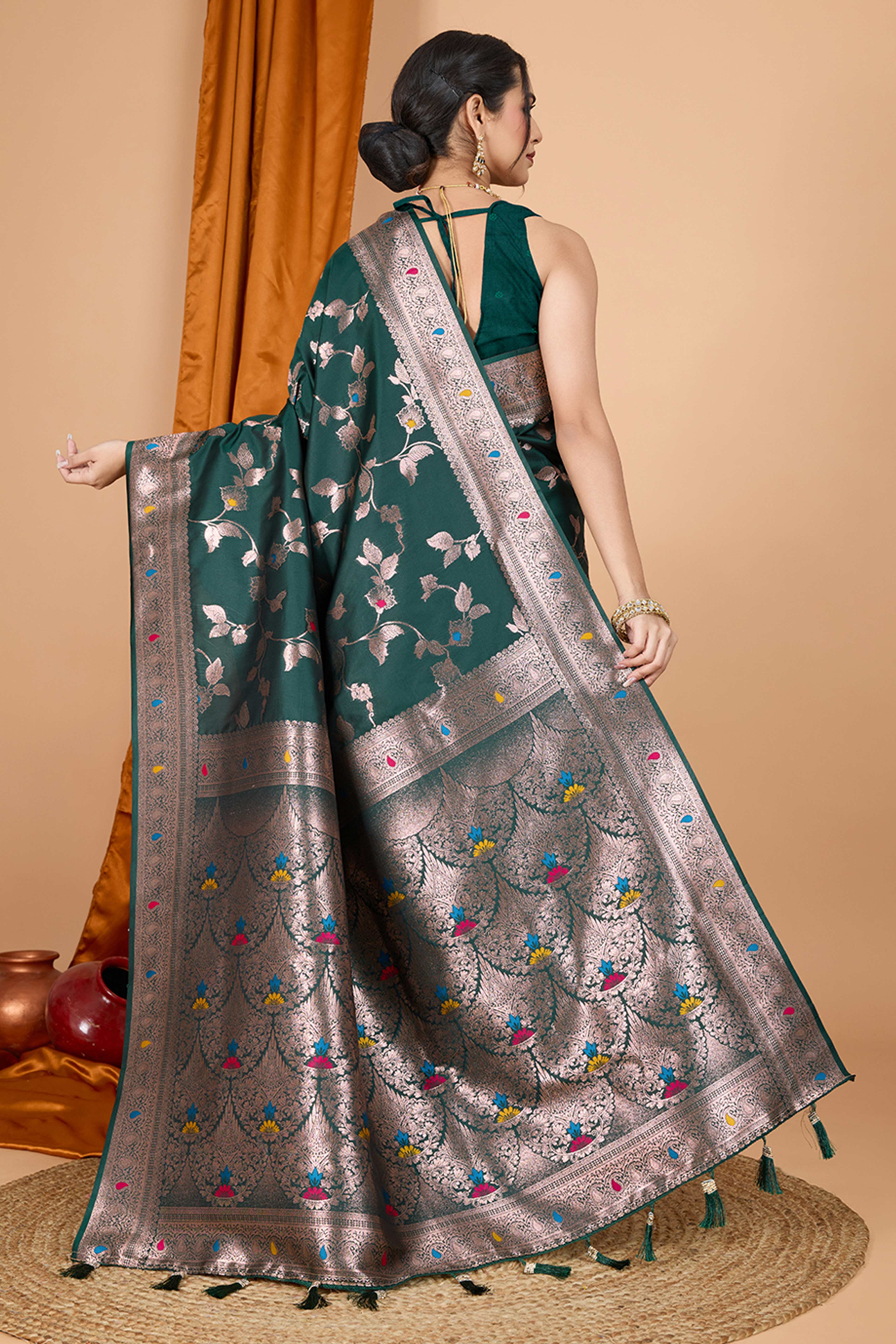 Green Banarasi Silk Saree With Exquisite Floral Zari Weaving and Elegant Tassels