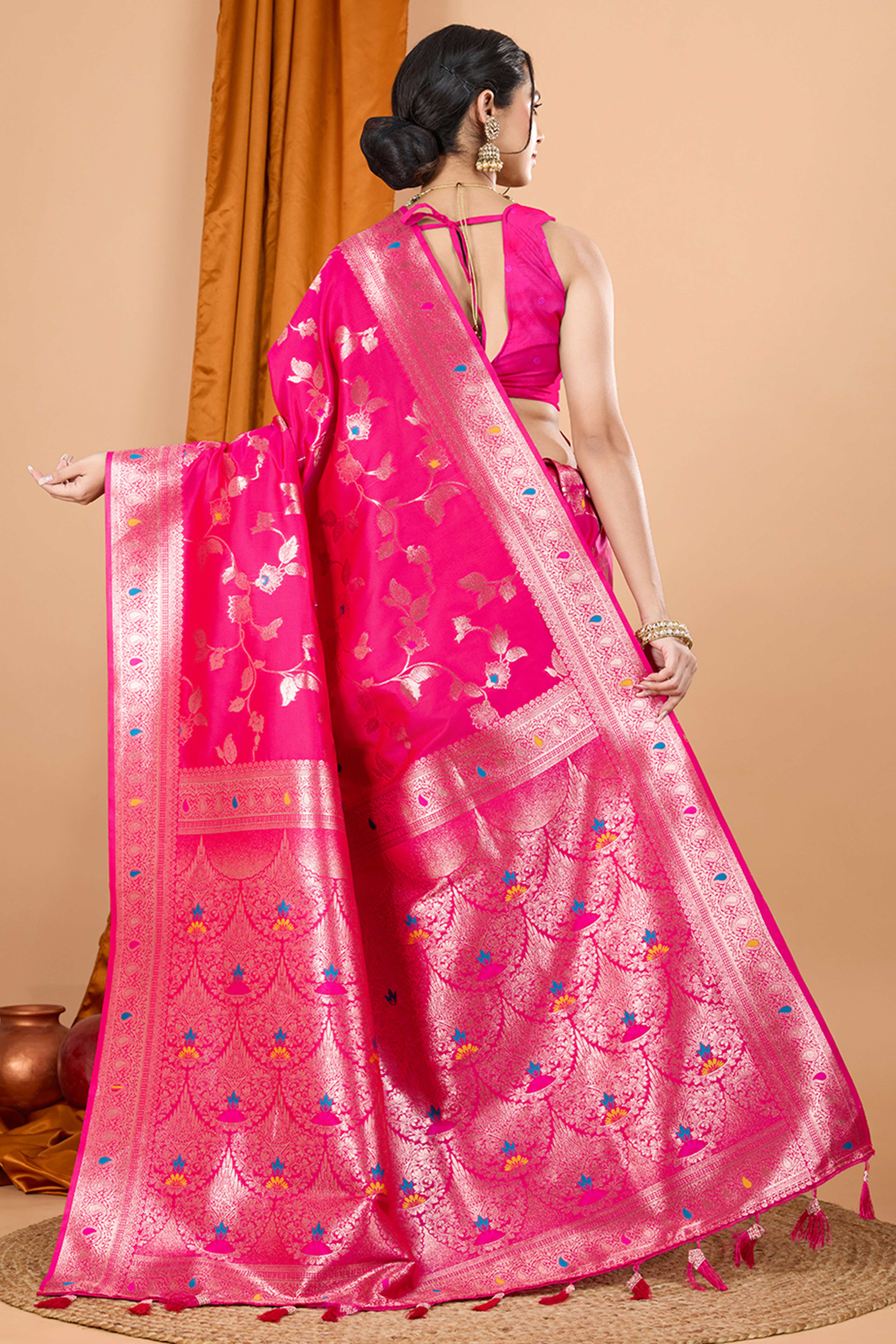 Pink Banarasi Silk Saree With Exquisite Floral Zari Weaving and Elegant Tassels