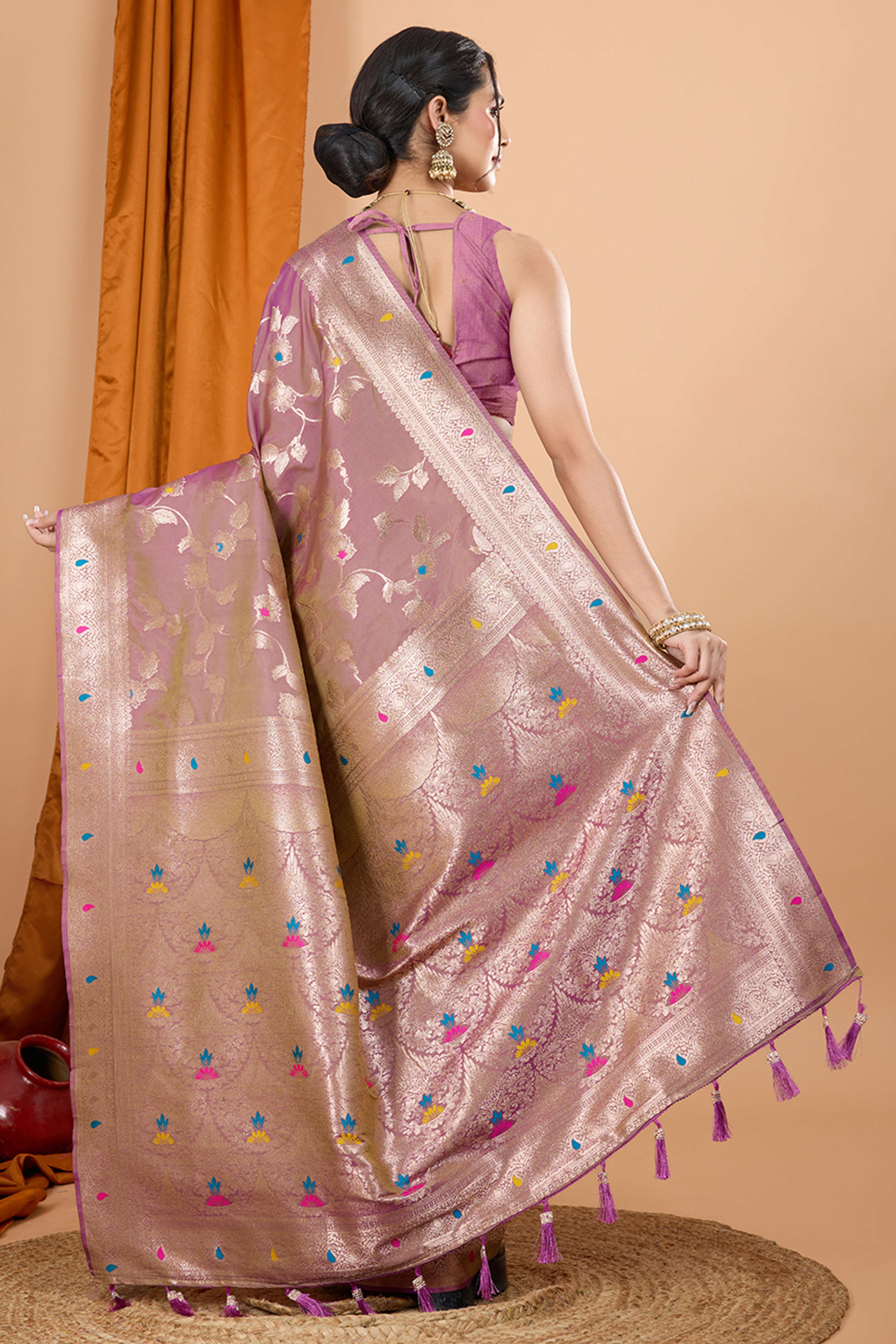 Lilac Lavender Banarasi Silk Saree With Exquisite Floral Zari Weaving and Elegant Tassels